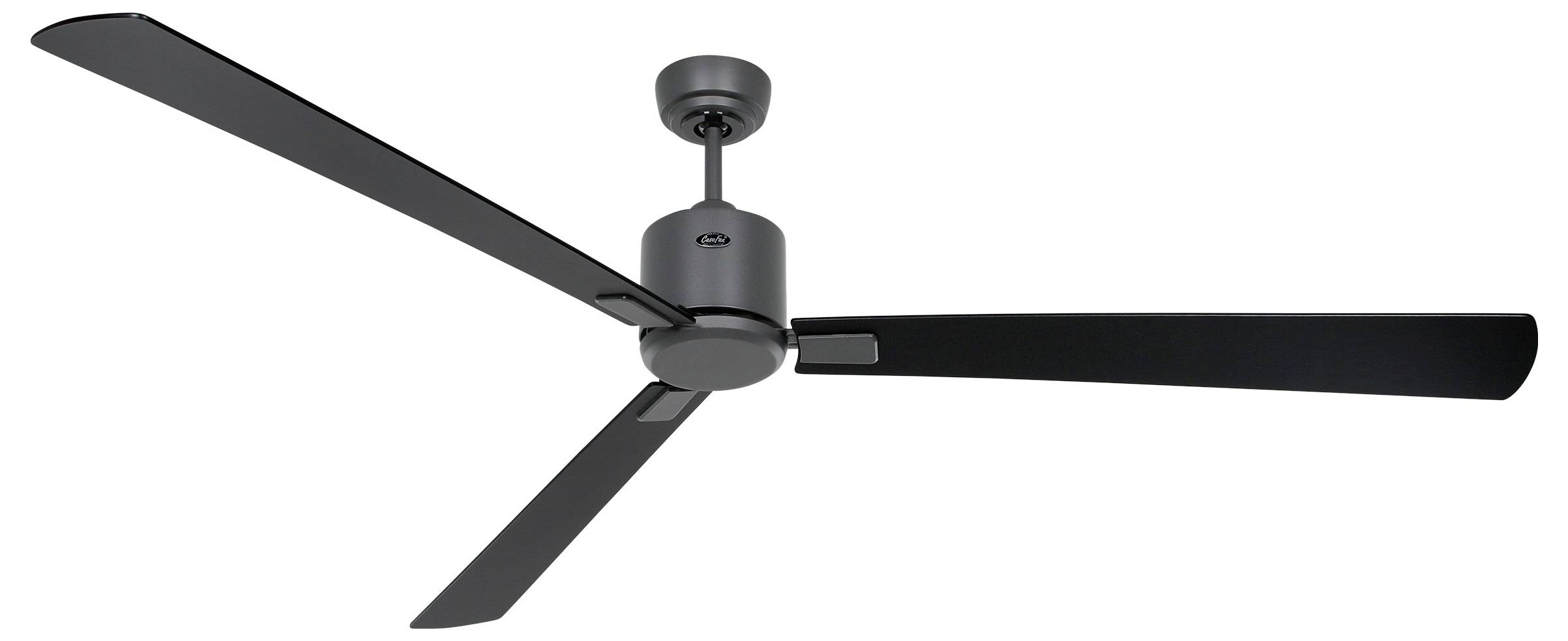 Deckenventilator mit drei schwarzen Flügeln und einem grauen Motorgehäuse, entwickelt zur Luftkühlung in Innenräumen.