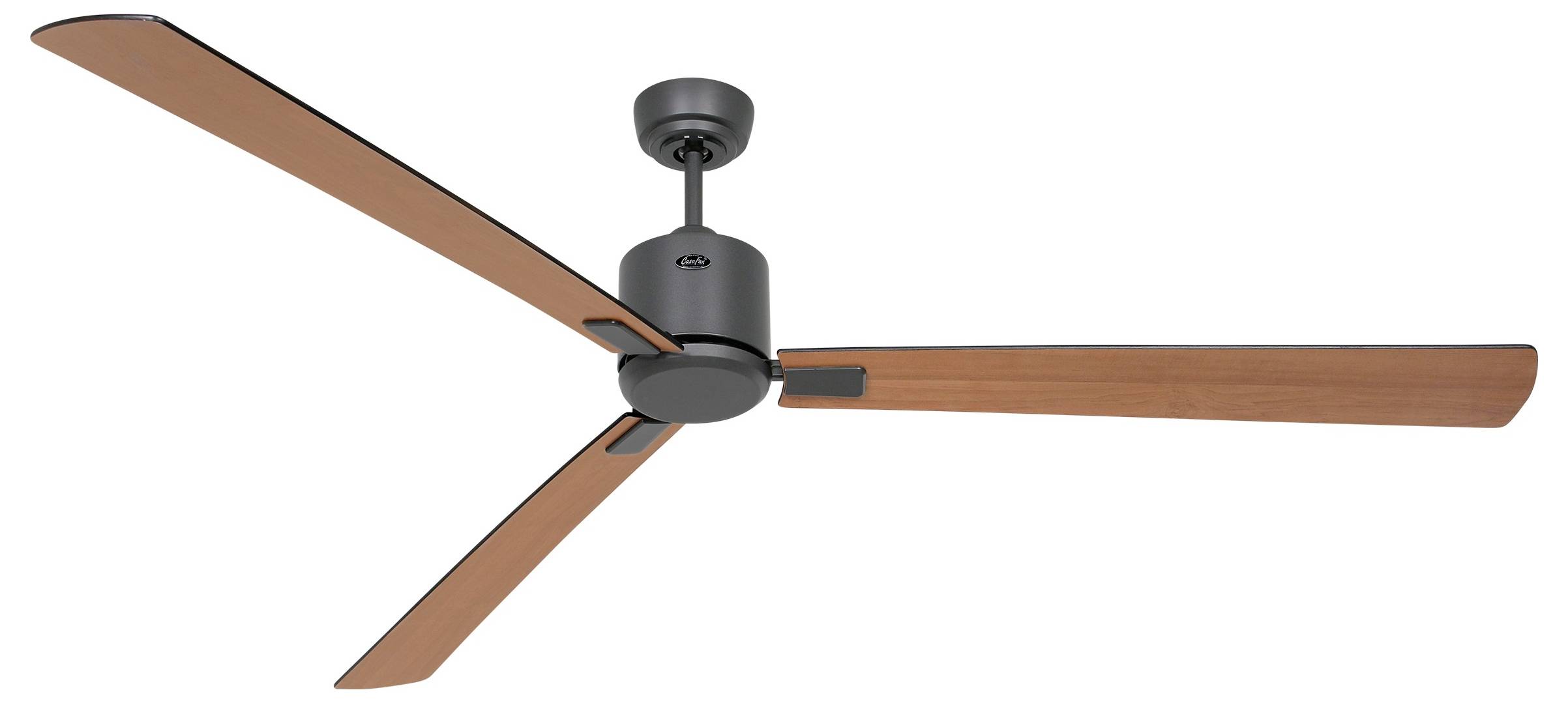 Ein moderner Deckenventilator mit drei Holzflügeln und einem zentralen schwarzen Motor, entwickelt für den Innenbereich.
