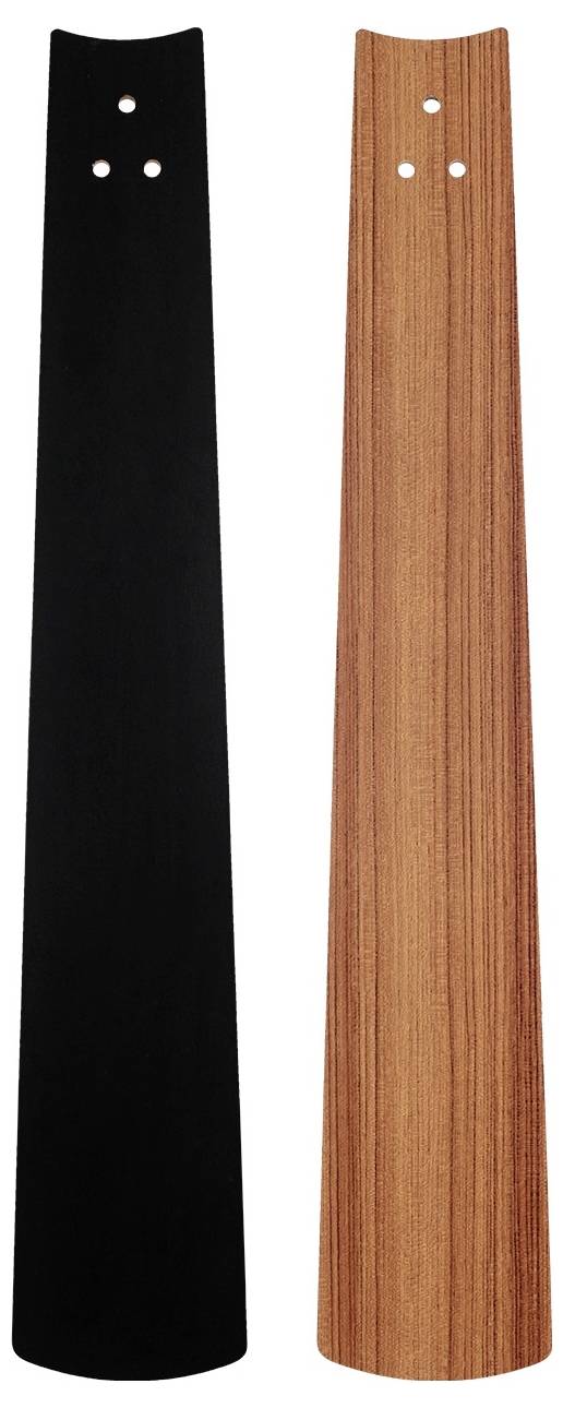 Zwei längliche, dreieckige klingenförmige Objekte. Das linke ist schwarz, und das rechte hat eine Holzmaserung, beide mit jeweils zwei Löchern oben.