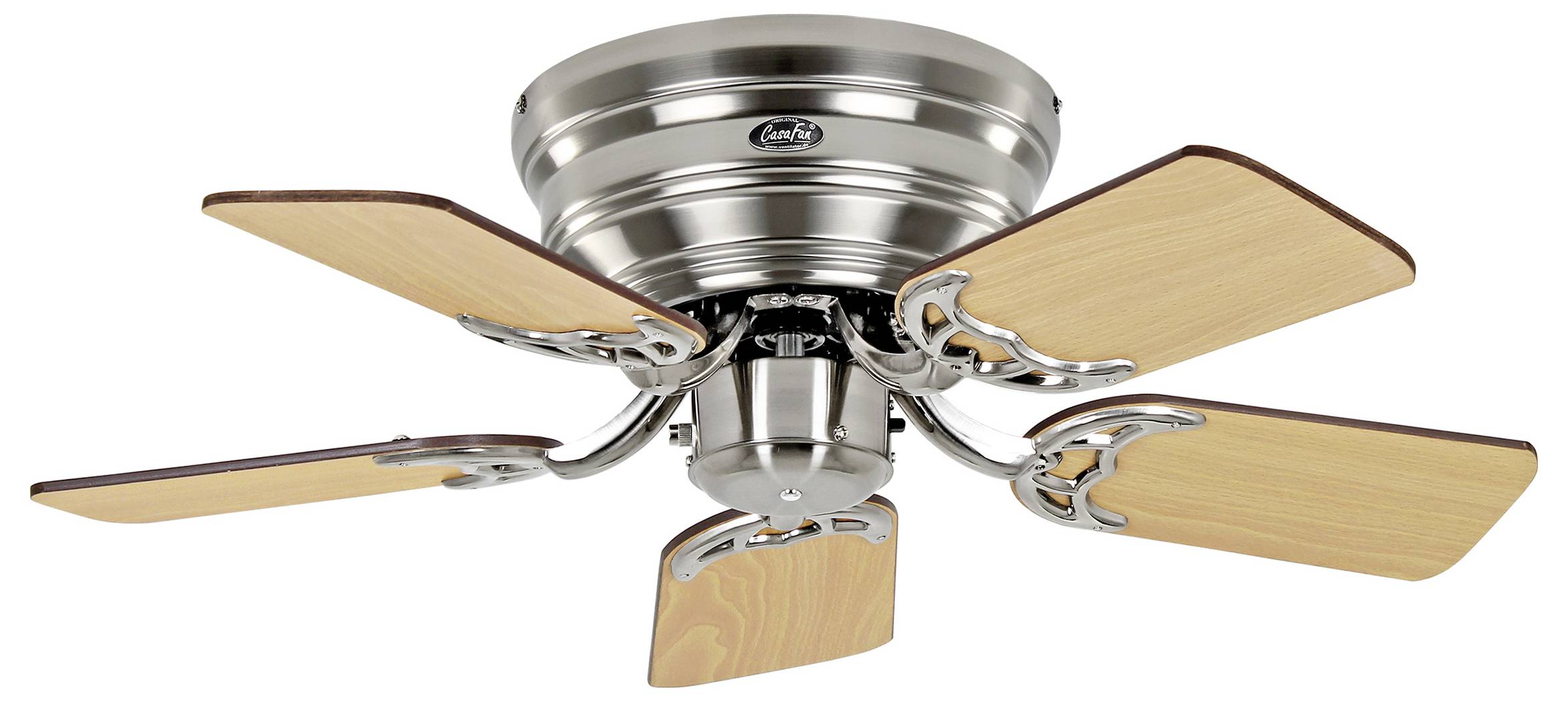 Deckenventilator mit metallischem Sockel und fünf Holzflügeln, konzipiert für den Innenbereich.
