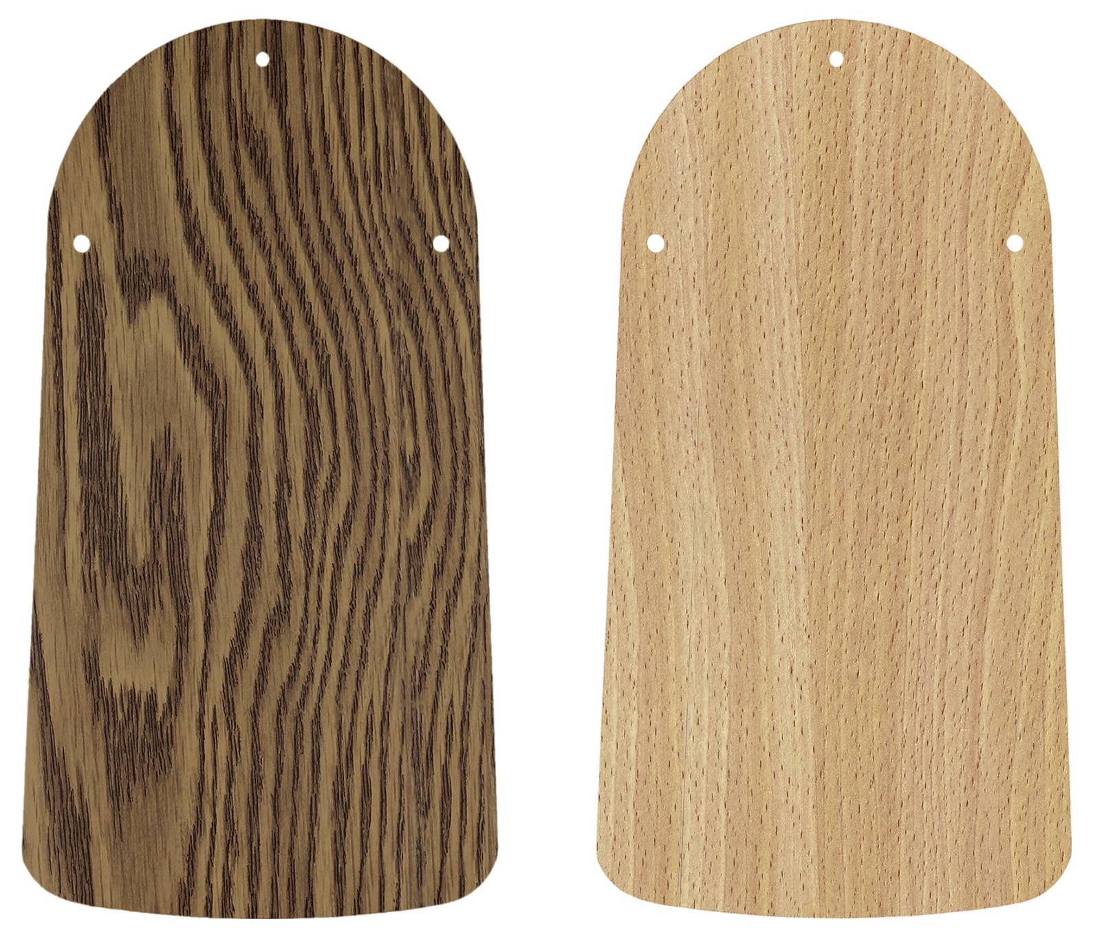 Zwei längliche, abgerundete Holzbretter nebeneinander; links ist dunkles Holz mit sichtbaren Maserungsmustern, rechts ist heller mit subtiler Maserung.