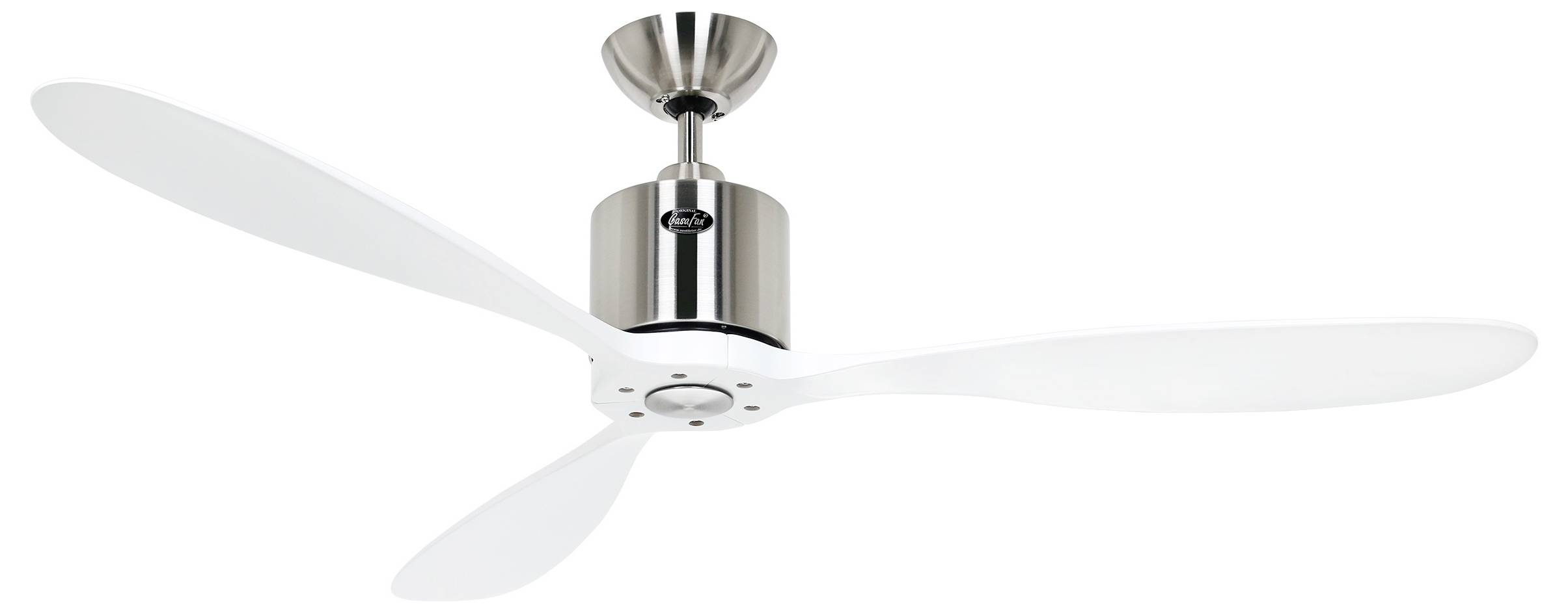 Deckenventilator mit drei weißen Flügeln und einer metallischen Mittelhalterung.
