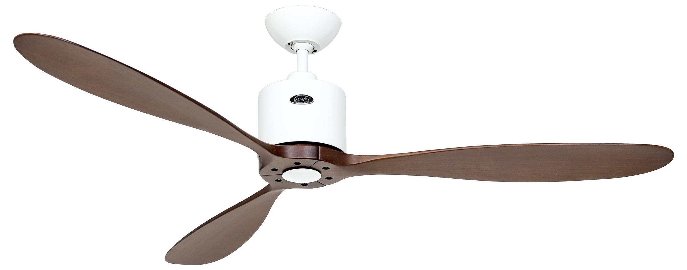 Ein dreifügeliger Deckenventilator mit Holzfinish und weißem Motorgehäuse, entworfen für moderne Innenräume.