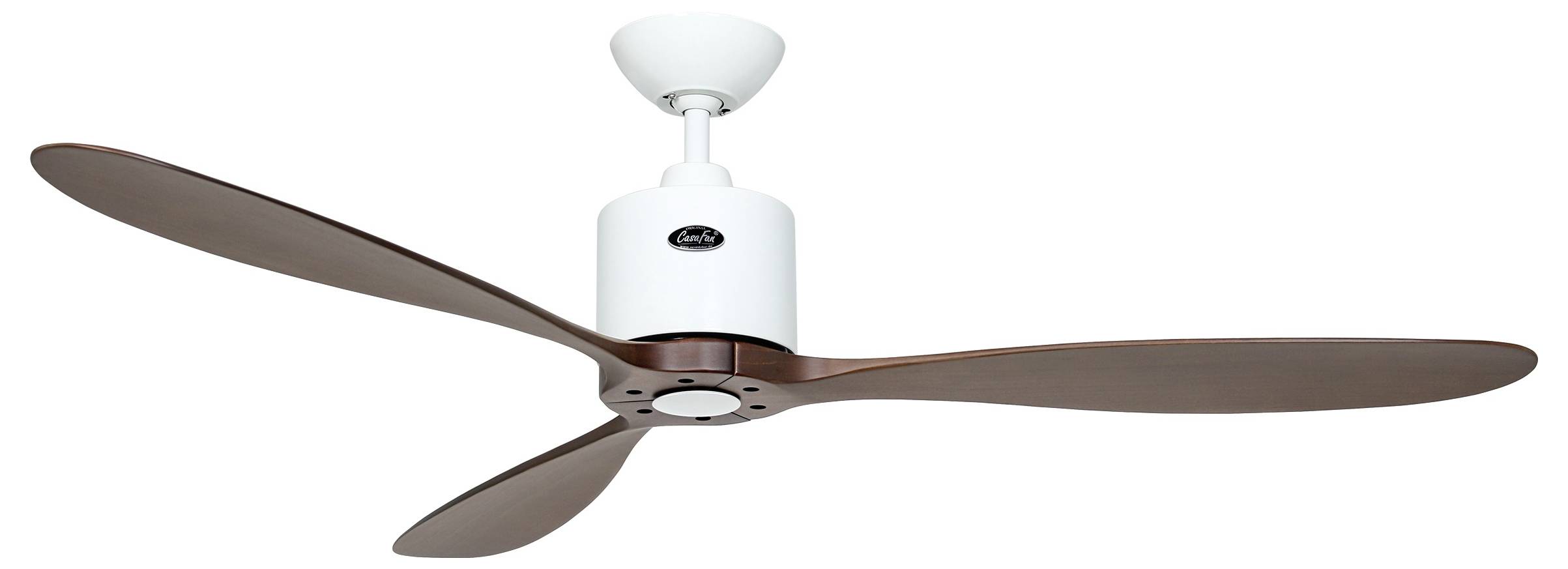 Moderne Deckenventilator mit drei Holzflügeln und einem weißen Motorgehäuse, montiert an einer weißen Deckenhalterung.