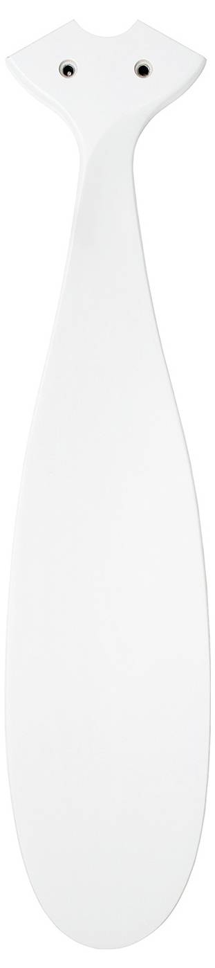 Ein weißes, längliches ovales Objekt mit zwei kleinen Löchern oben, das einem minimalistischen Paddel oder einer Klinge ähnelt.