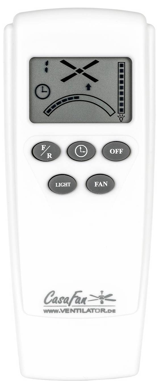 Fernbedienung mit Tasten mit der Beschriftung 'F/R', 'LIGHT', 'FAN' und 'OFF', mit einem digitalen Display, das ein Lüftersymbol, Timer und Geschwindigkeitseinstellungen anzeigt.