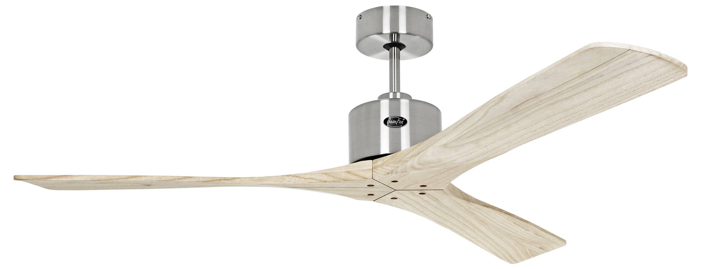 Ein moderner Deckenventilator mit zwei gebogenen Holzflügeln und einem metallischen Sockel, montiert an einer zylindrischen Halterung.