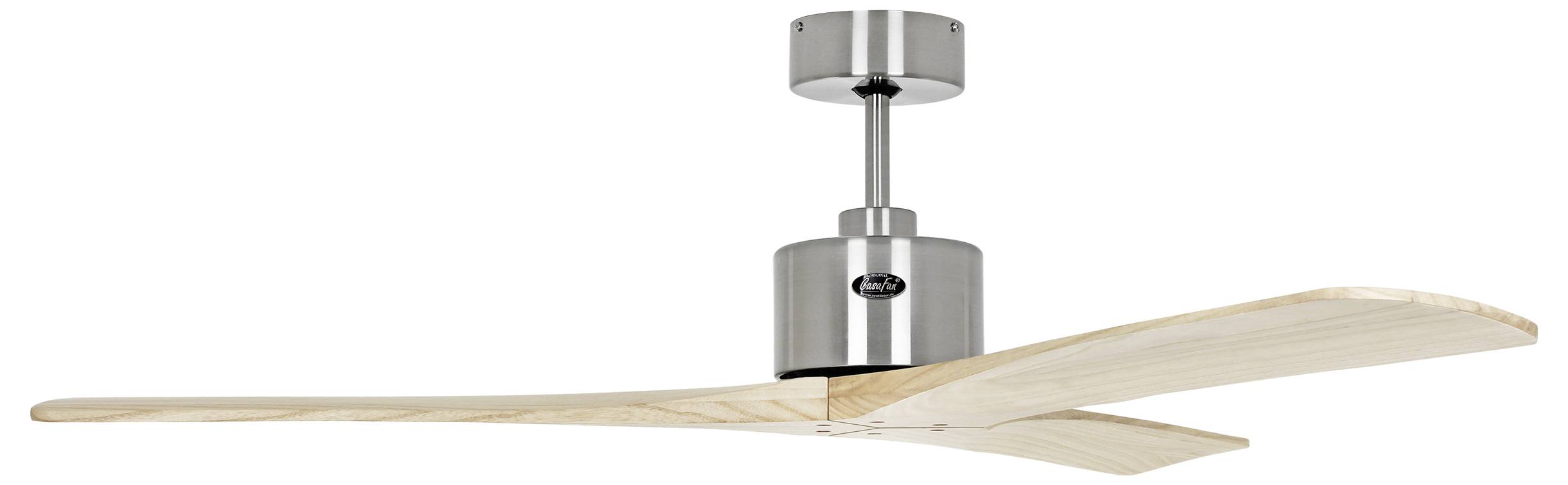 Ein moderner Deckenventilator mit zwei Holzflügeln und einem metallischen Sockel, entworfen für Funktionalität und ästhetische Anziehungskraft.