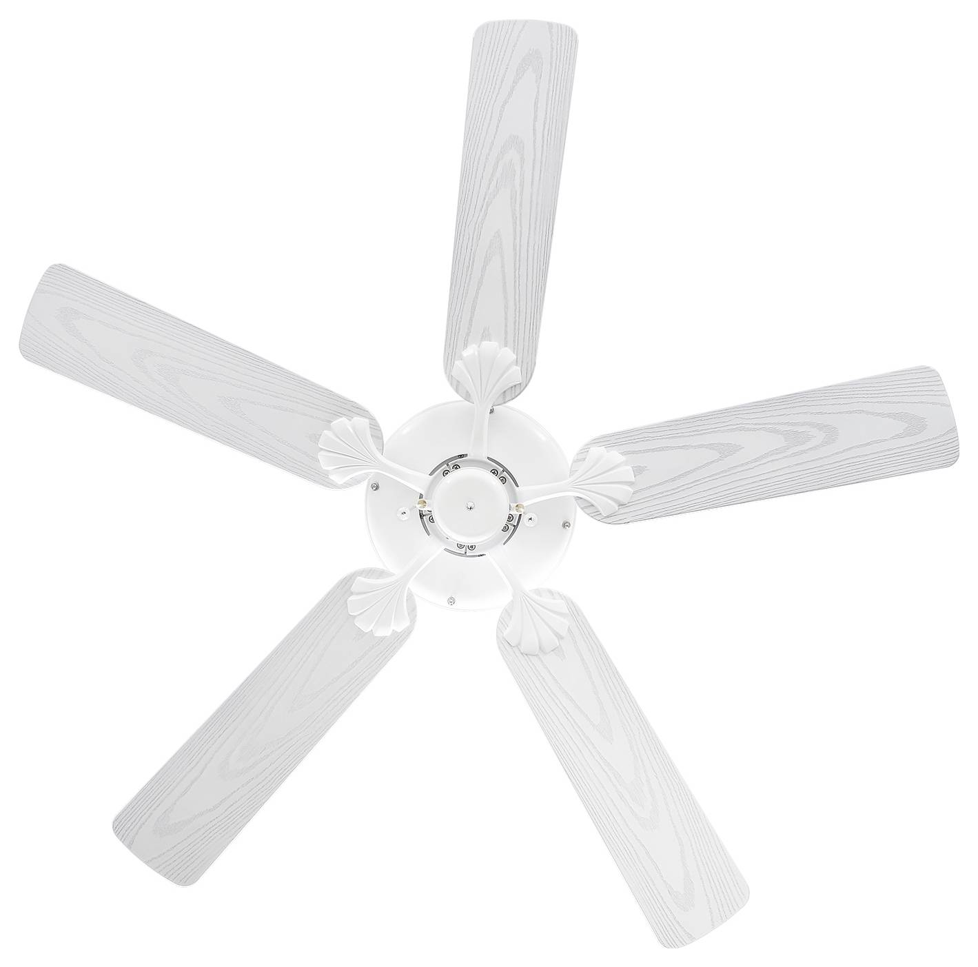 Ein weißer Deckenventilator mit fünf Holzflügeln, gleichmäßig verteilt, von unten betrachtet. Der Ventilator steht still vor einem schlichten Hintergrund.
