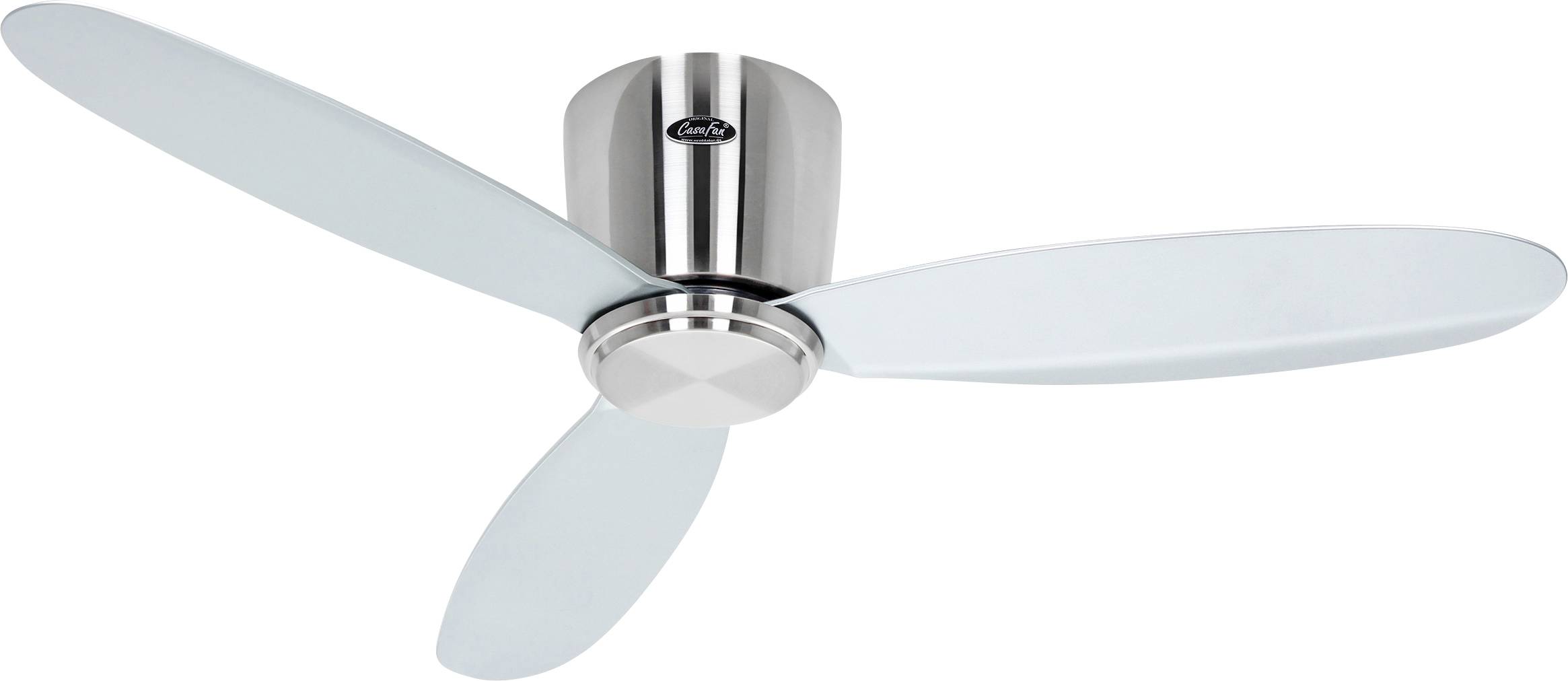 Ein Deckenventilator mit drei hellblauen Flügeln und einem metallischen Mittelgehäuse, an der Decke montiert, konzipiert für die Luftzirkulation in Innenräumen.