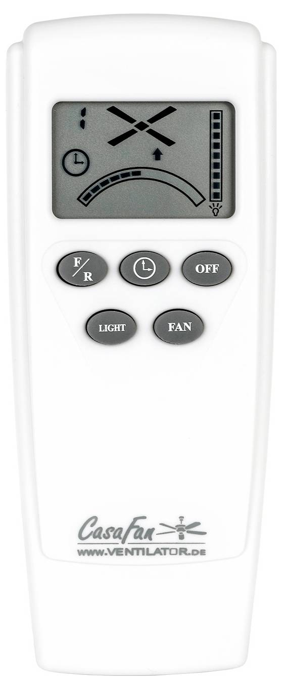 Eine weiße Fernbedienung für einen Deckenventilator zeigt Symbole für Ventilatorgeschwindigkeit, Lichtsteuerung und Ein-/Aus-Funktionen an.