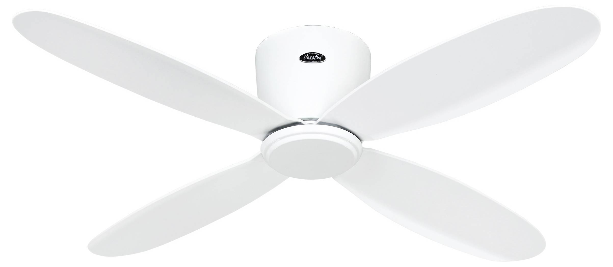 Weißer Deckenventilator mit vier Flügeln, zentralem Motorgehäuse, entworfen für moderne Einrichtung und effiziente Luftzirkulation.