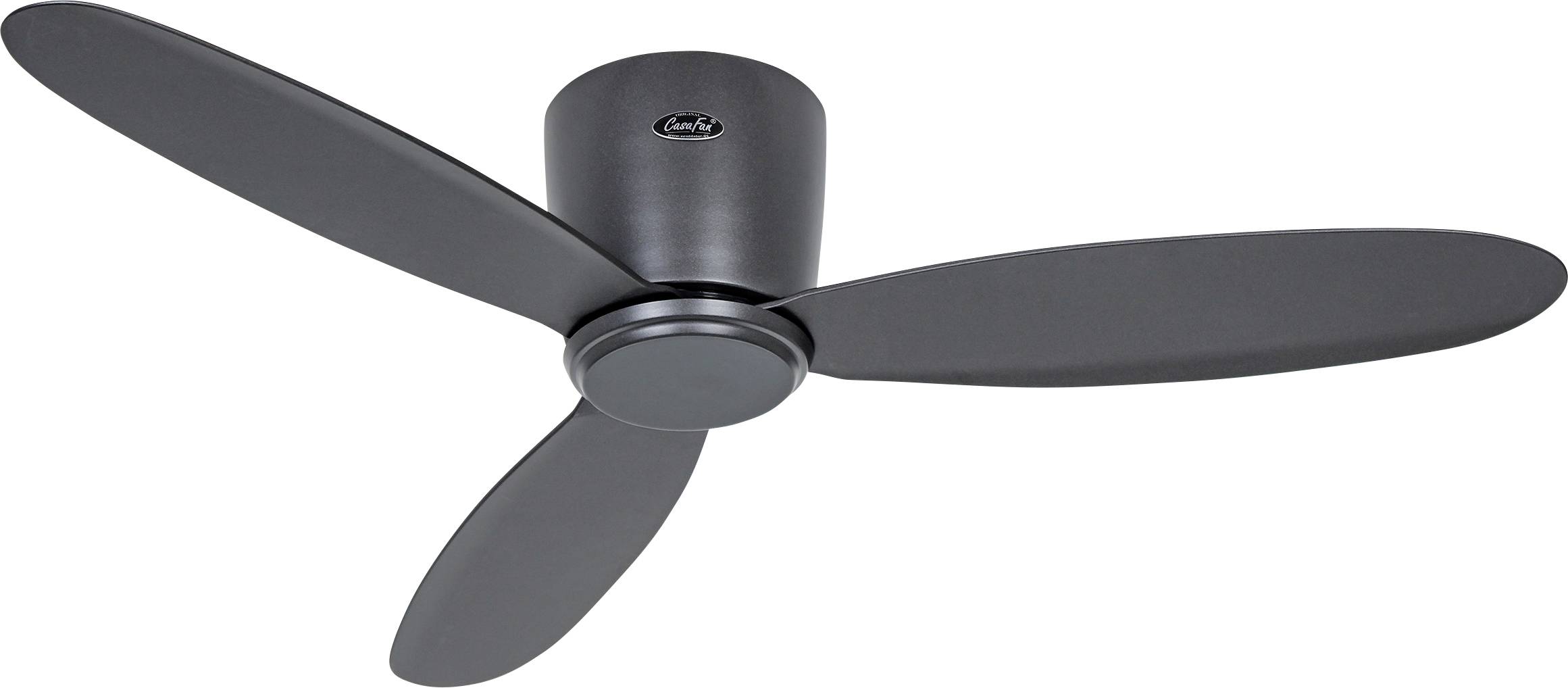 Deckenventilator mit drei mattschwarzen Flügeln und einer passenden runden Basis, entworfen für moderne Wohnungseinrichtungen.