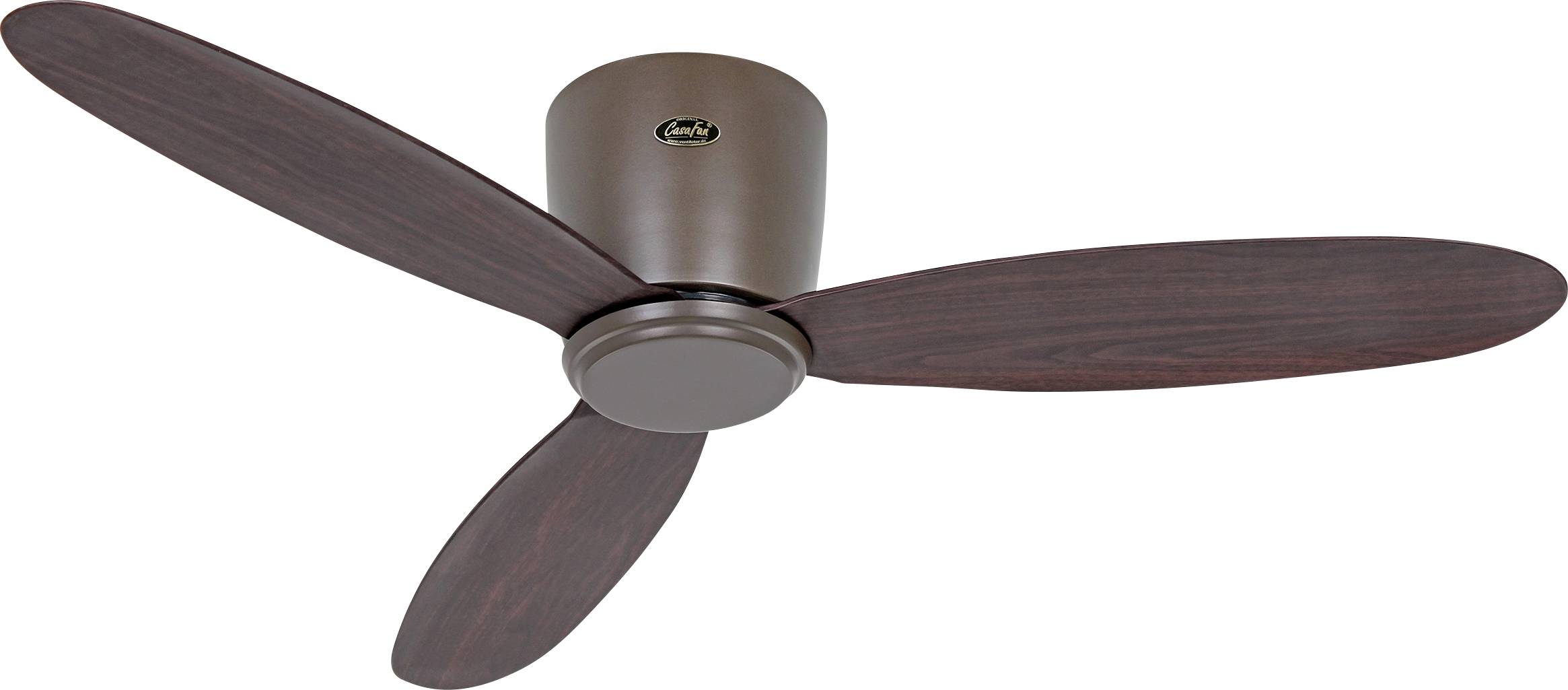 Ein brauner Deckenventilator mit drei Holzflügeln, montiert auf einem einfachen, zylindrischen Sockel.