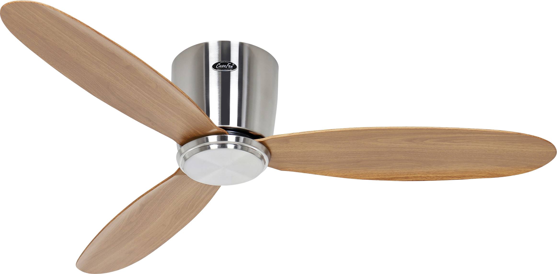 Ein Edelstahl-Deckenventilator mit drei Holzflügeln, entworfen für moderne Heimdekoration, aus seitlicher Perspektive betrachtet.