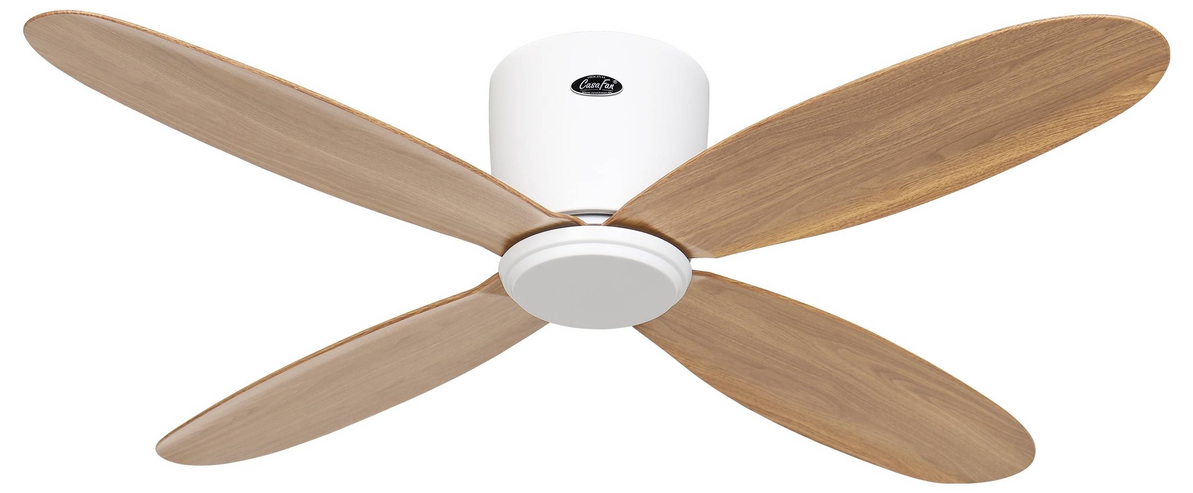 Deckenventilator mit weißer Basis und vier Holzflügeln, entworfen für effiziente Luftzirkulation und moderne Dekoration.