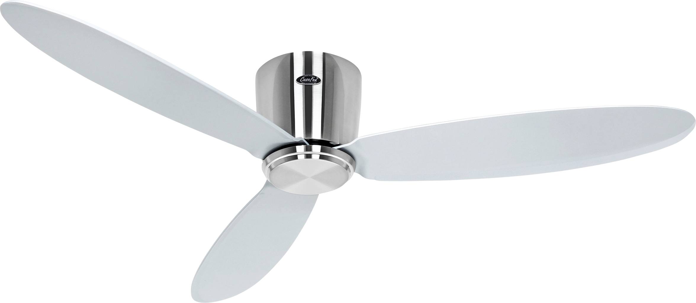 Ein eleganter, moderner Deckenventilator mit metallischer Oberfläche und drei Flügeln, entwickelt für effizienten Luftstrom in zeitgenössischen Innenräumen.