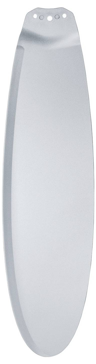 Ein silbernes Deckenventilatorblatt mit einer glatten, eleganten Oberfläche und drei kleinen Befestigungslöchern am Ende.