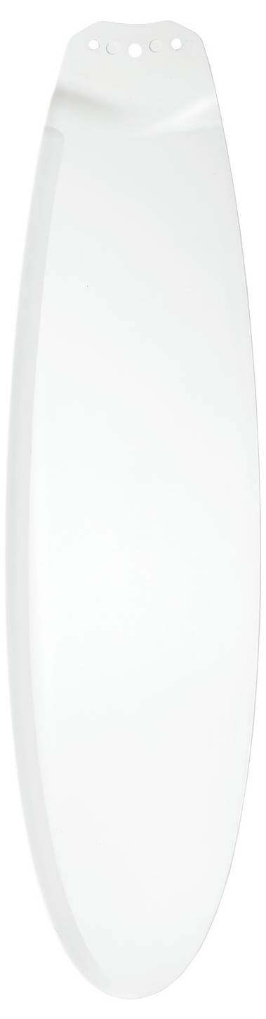 Ein eleganter, weißer Deckenventilatorflügel mit einer glatten Oberfläche und abgerundeten Kanten, der zwei Befestigungslöcher am oberen Ende aufweist.