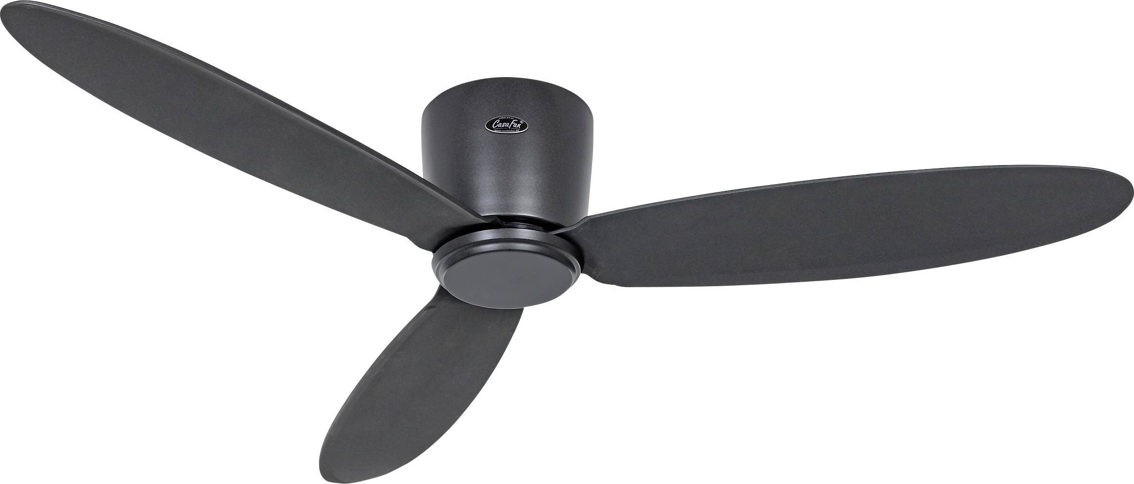 Ein schwarzer Deckenventilator mit drei eleganten Flügeln und einem schlichten, modernen Design.