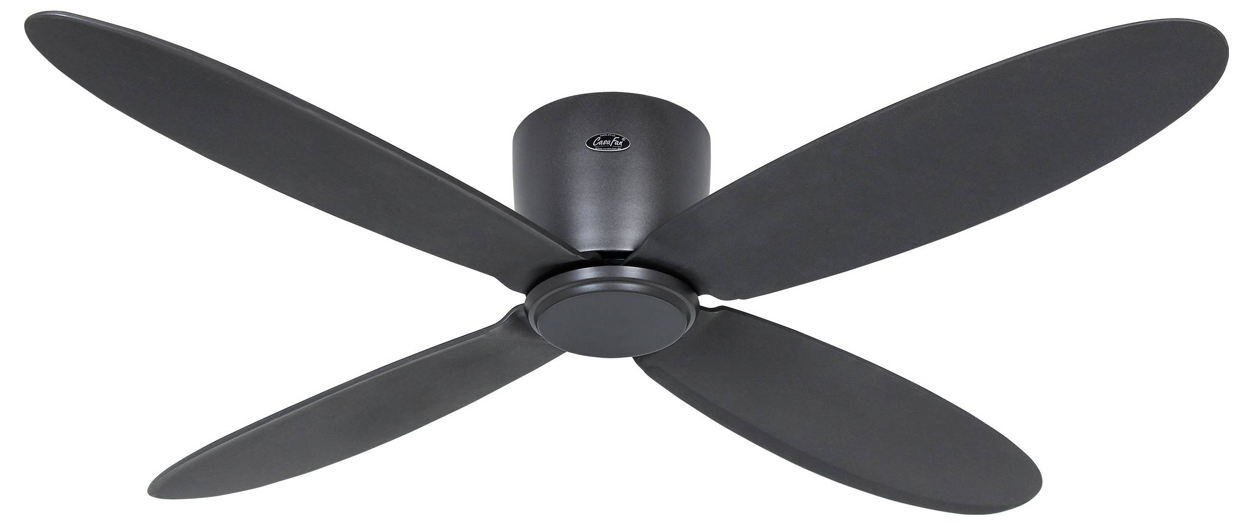 Ein eleganter, moderner Deckenventilator mit vier schwarzen Flügeln und einem schlichten zylindrischen Motorgehäuse, entwickelt für eine effiziente Luftzirkulation.
