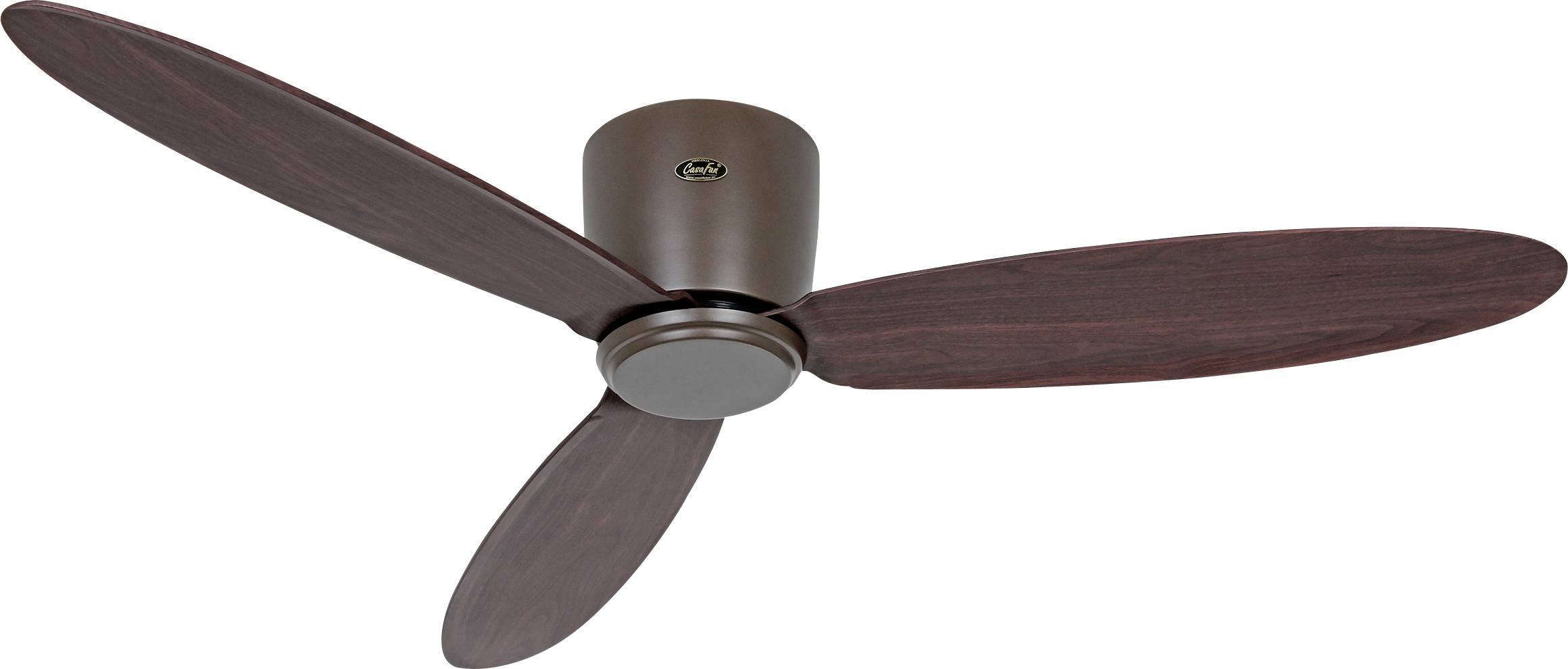 Ein moderner Deckenventilator mit drei dunklen Holzflügeln und einem eleganten braunen Motorgehäuse, entwickelt für effiziente Luftzirkulation in zeitgenössischen Räumen.