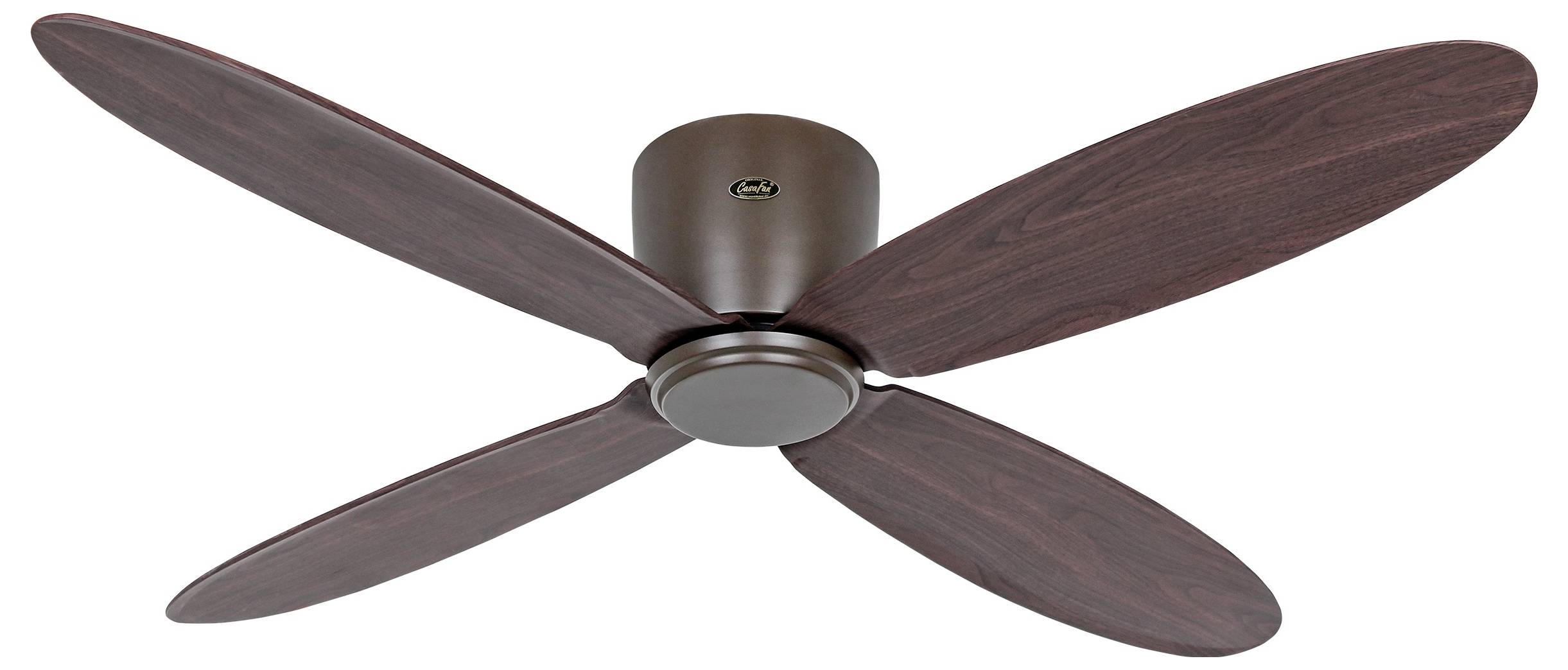 Ein Deckenventilator mit vier dunkelbraunen Holzflügeln und einer runden Basis. Er ist an der Decke montiert und im modernen Stil gestaltet.