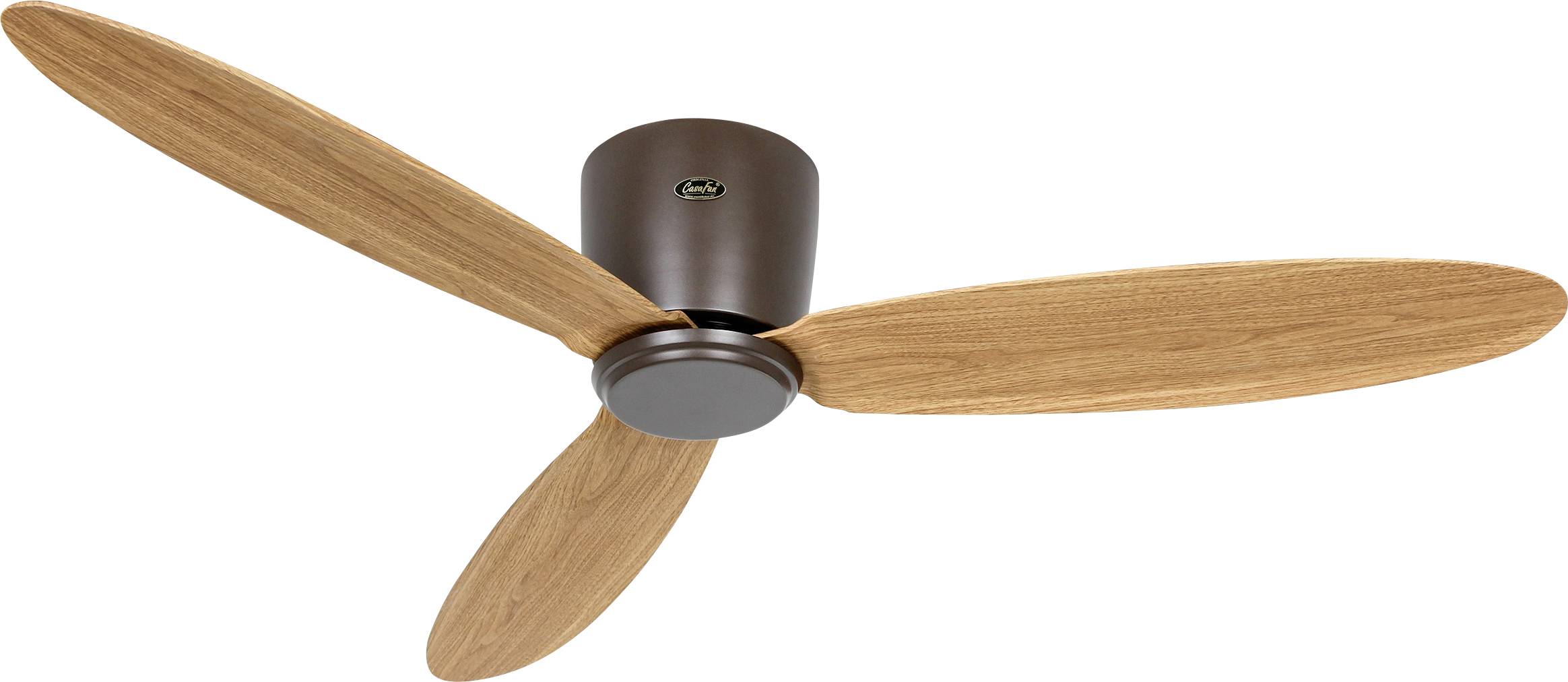 Deckenventilator mit drei Holzflügeln und einem braunen Motorgehäuse, entwickelt für Energieeffizienz und moderne Ästhetik.