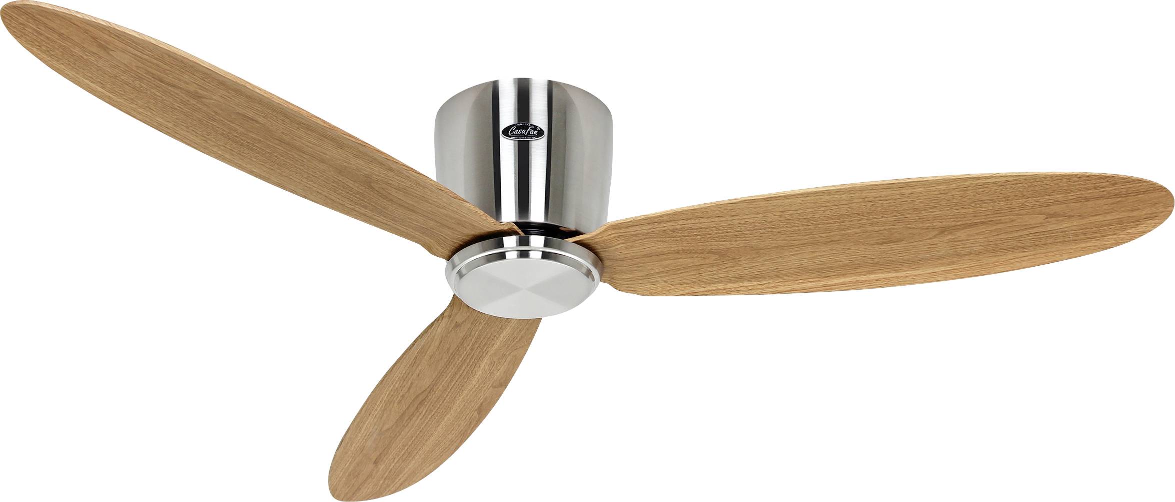 Ein Deckenventilator mit drei Holzflügeln und einem metallischen Motorgehäuse, entworfen für moderne Wohnungseinrichtungen.