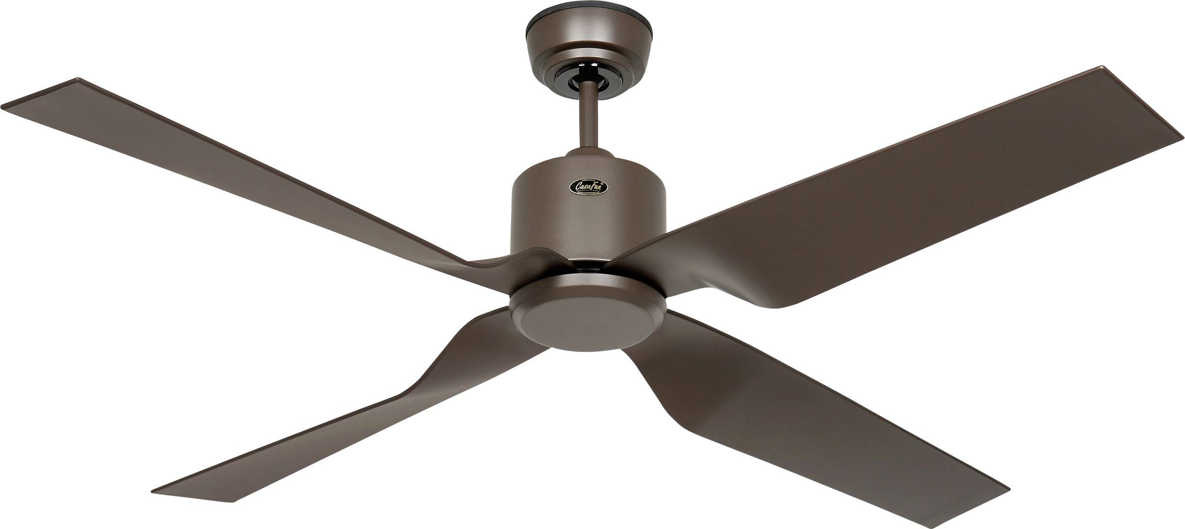 Deckenventilator mit vier braunen Flügeln und einem zentralen Motorgehäuse, ausgestattet mit einer metallischen Oberfläche.