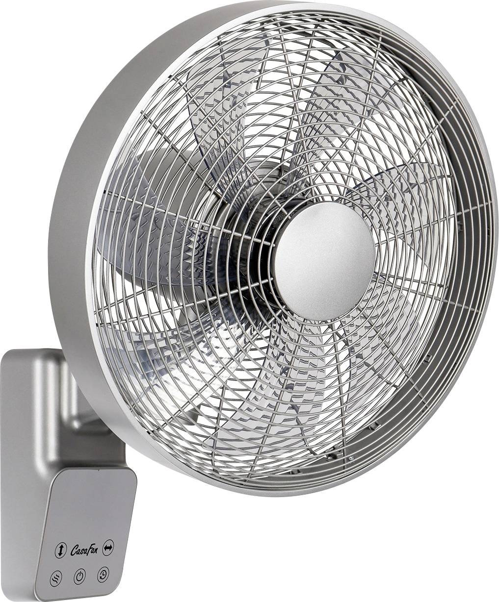 Wandmontierter oszillierender Ventilator mit einem Metallgitter und grauem Bedienfeld mit drei runden Tasten.