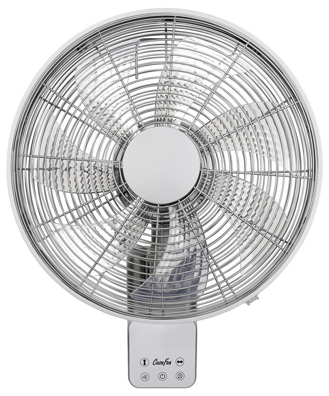 Ein wandmontierter Ventilator mit einem runden Metallgitter, das die Flügel abdeckt, mit einem Bedienfeld darunter, das Tasten zur Einstellung aufweist.