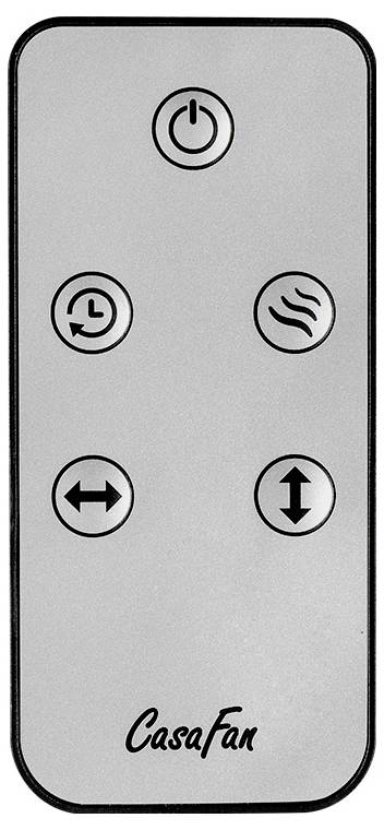 Eine Fernbedienung mit fünf Tasten: Ein/Aus, Timer, Brise, Oszillation links-rechts und Oszillation auf-ab. Beschriftet mit 'CasaFan'.