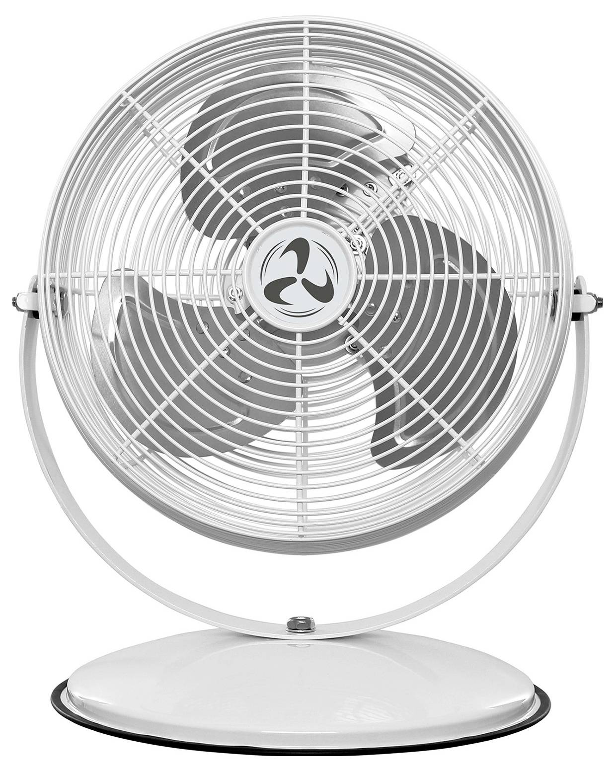 Ein Metall-Schreibtischventilator mit drei schwarzen Flügeln, eingehaust in einem kreisförmigen, weißen Schutzgitter. Der Ventilator steht aufrecht auf einer kleinen runden Basis.