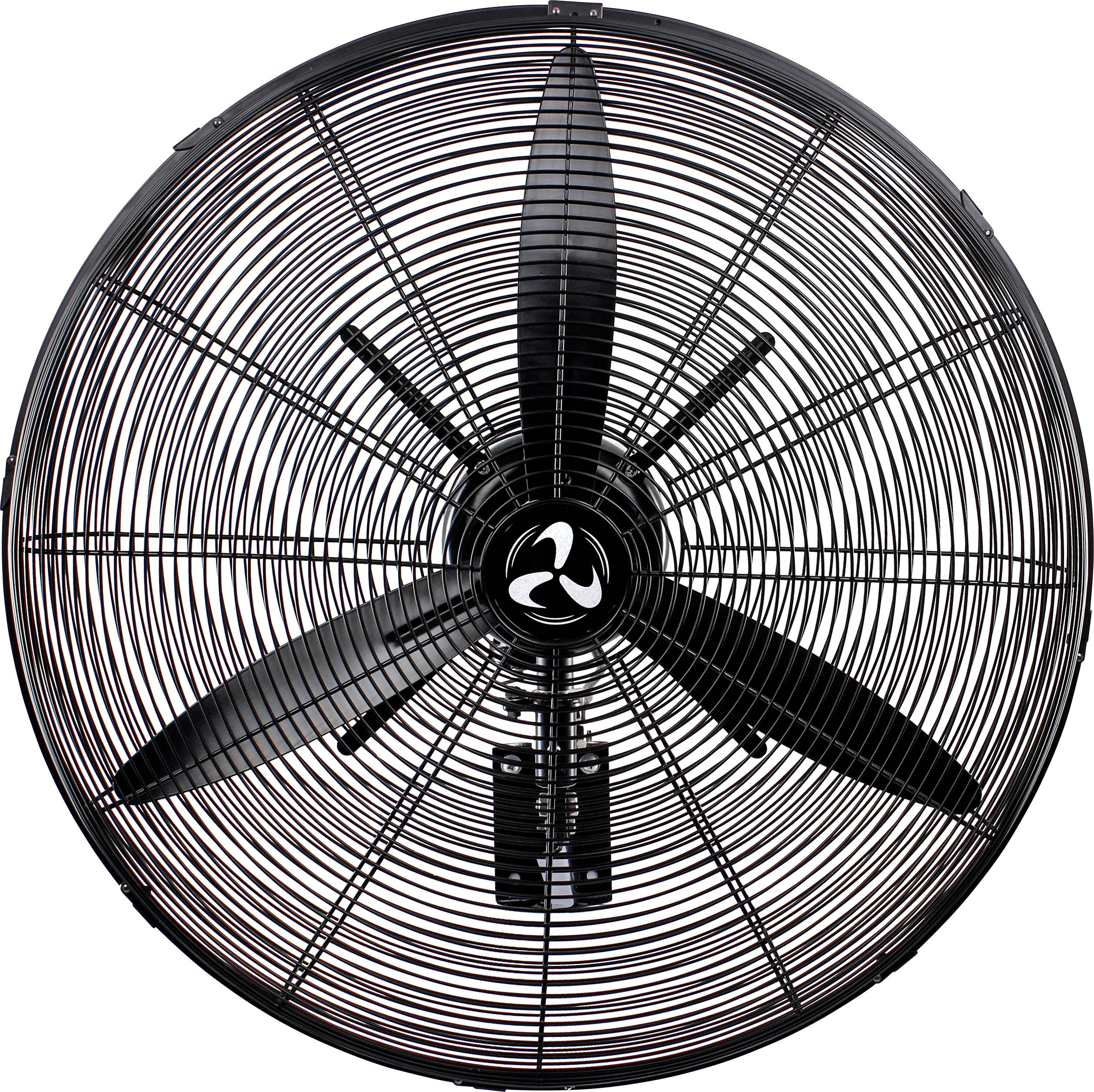 Ein kreisförmiger, schwarzer Metallventilator mit drei Flügeln von vorne betrachtet, der sein Schutzgitter und seine zentrale Nabe zeigt.