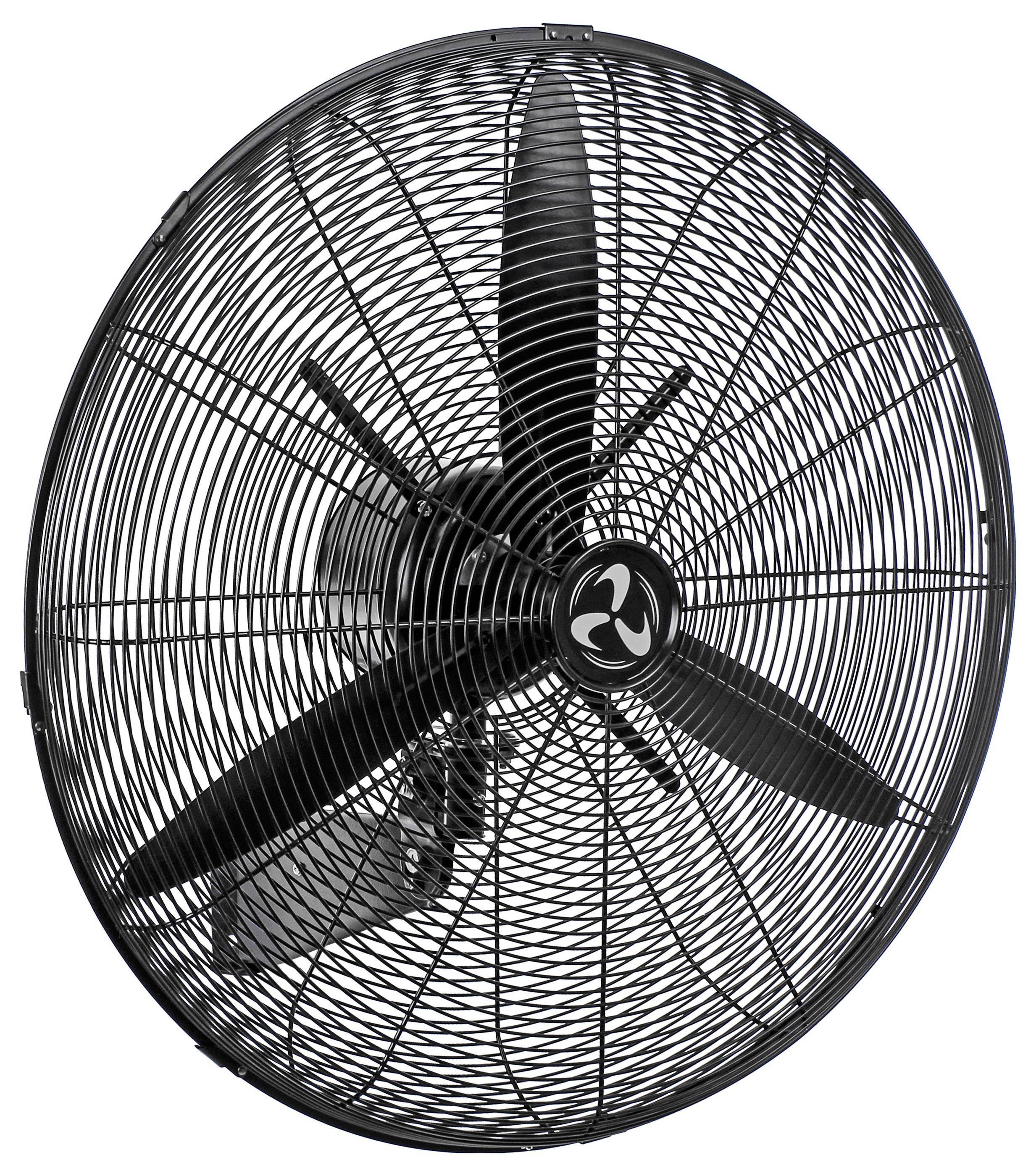 Ein großer schwarzer Industrieventilator mit Schutzgitter und drei Flügeln, entwickelt für schwere Kühlaufgaben in großen Räumen.