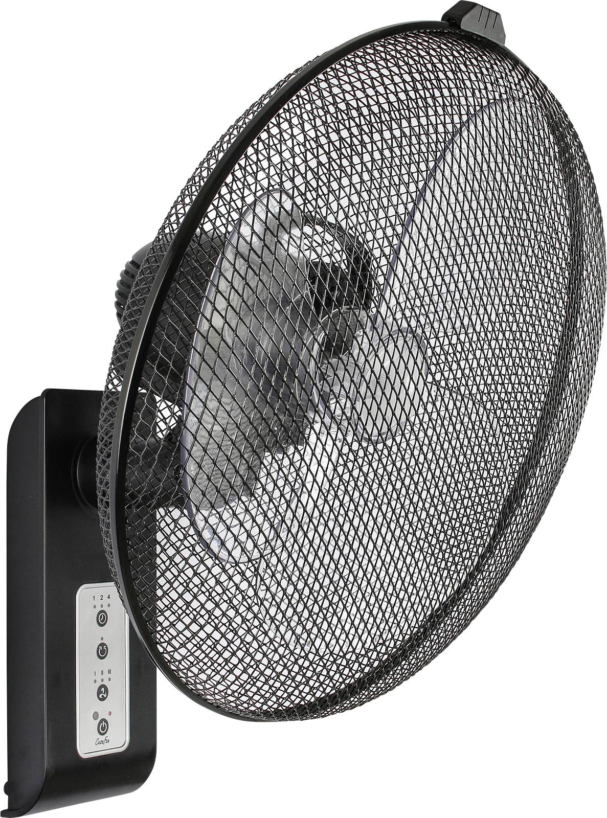 Ein schwarzer wandmontierter Ventilator mit einem Gitterabdeckung an der Vorderseite und einem Bedienfeld an der Seite, das Tasten für Ein/Aus und Geschwindigkeitseinstellungen zeigt.