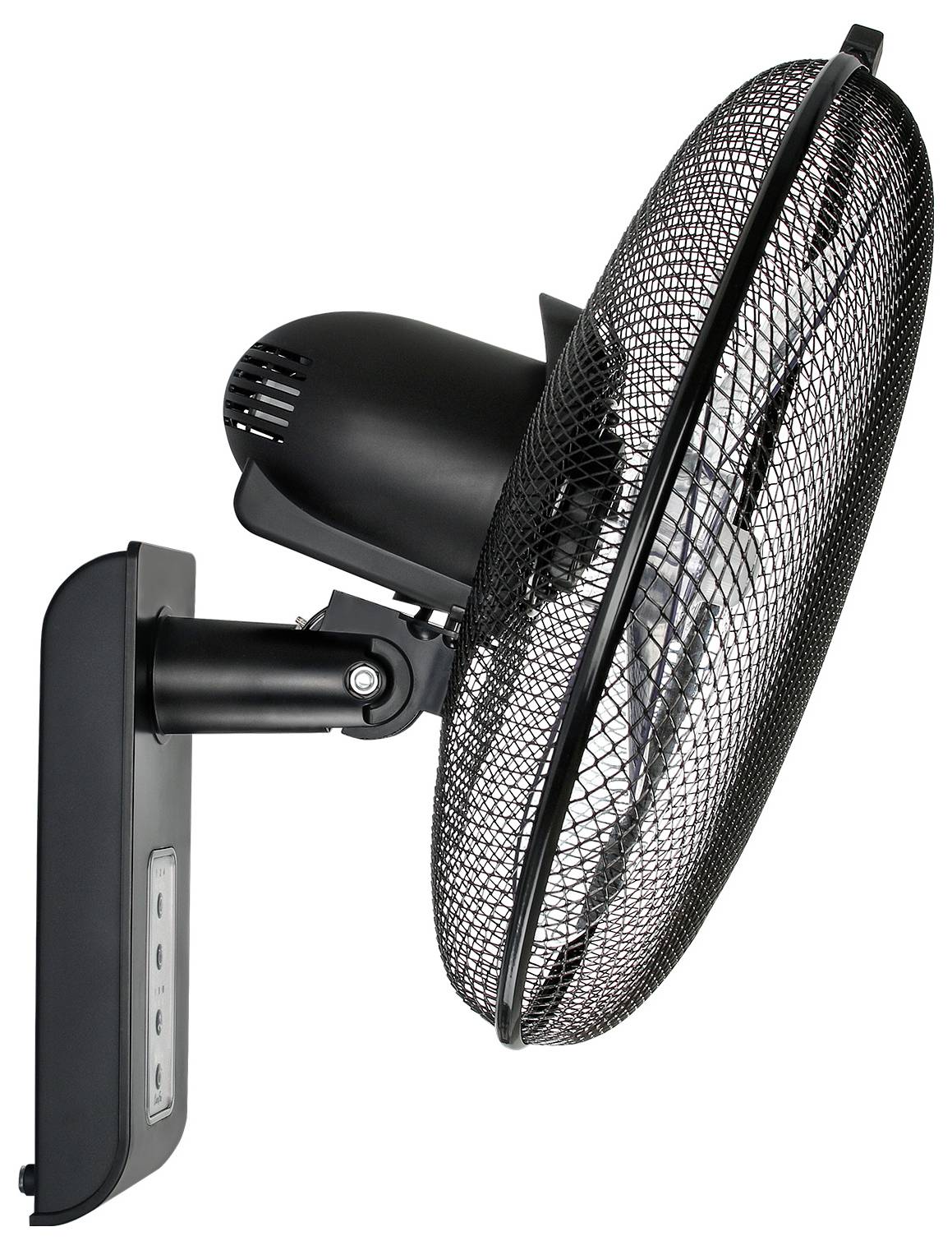 Eine Seitenansicht eines wandmontierten schwarzen Oszillationslüfters mit Schutzgitterabdeckung und sichtbarem Bedienfeld an der Basis.