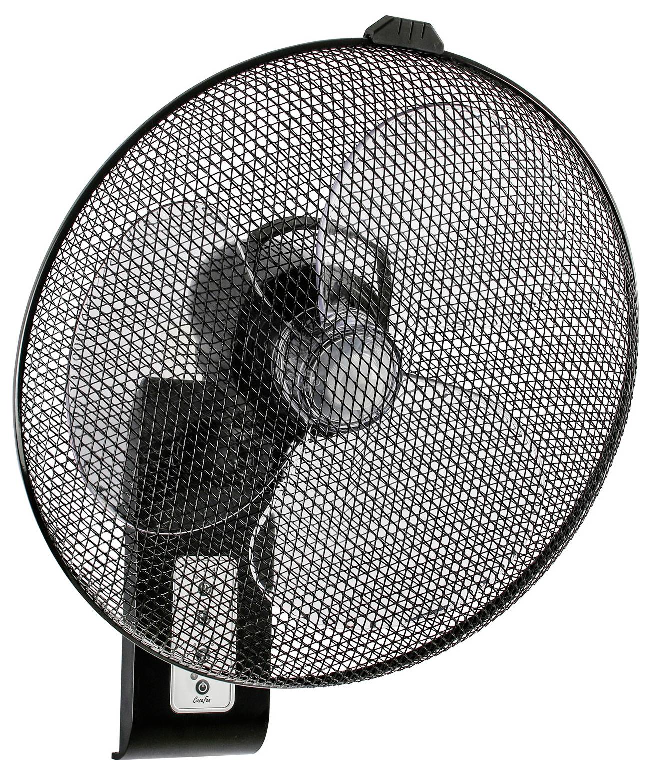 Ein schwarzer Wandventilator mit Schutzgitter, ausgestattet mit einem verstellbaren Drehregler und Einschaltknopf an der Basis, entwickelt für die Kühlung in Innenräumen.