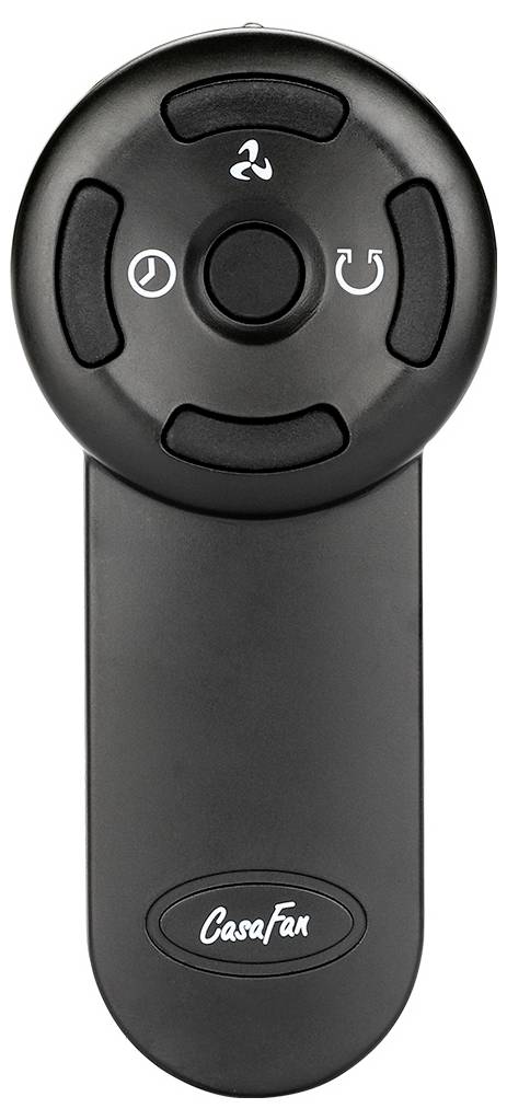 Eine schwarze Fernbedienung für ein CasaFan-Gerät mit Tasten für Ein/Aus, Geschwindigkeitseinstellungen und Drehrichtung, mit CasaFan-Logo am unteren Rand.