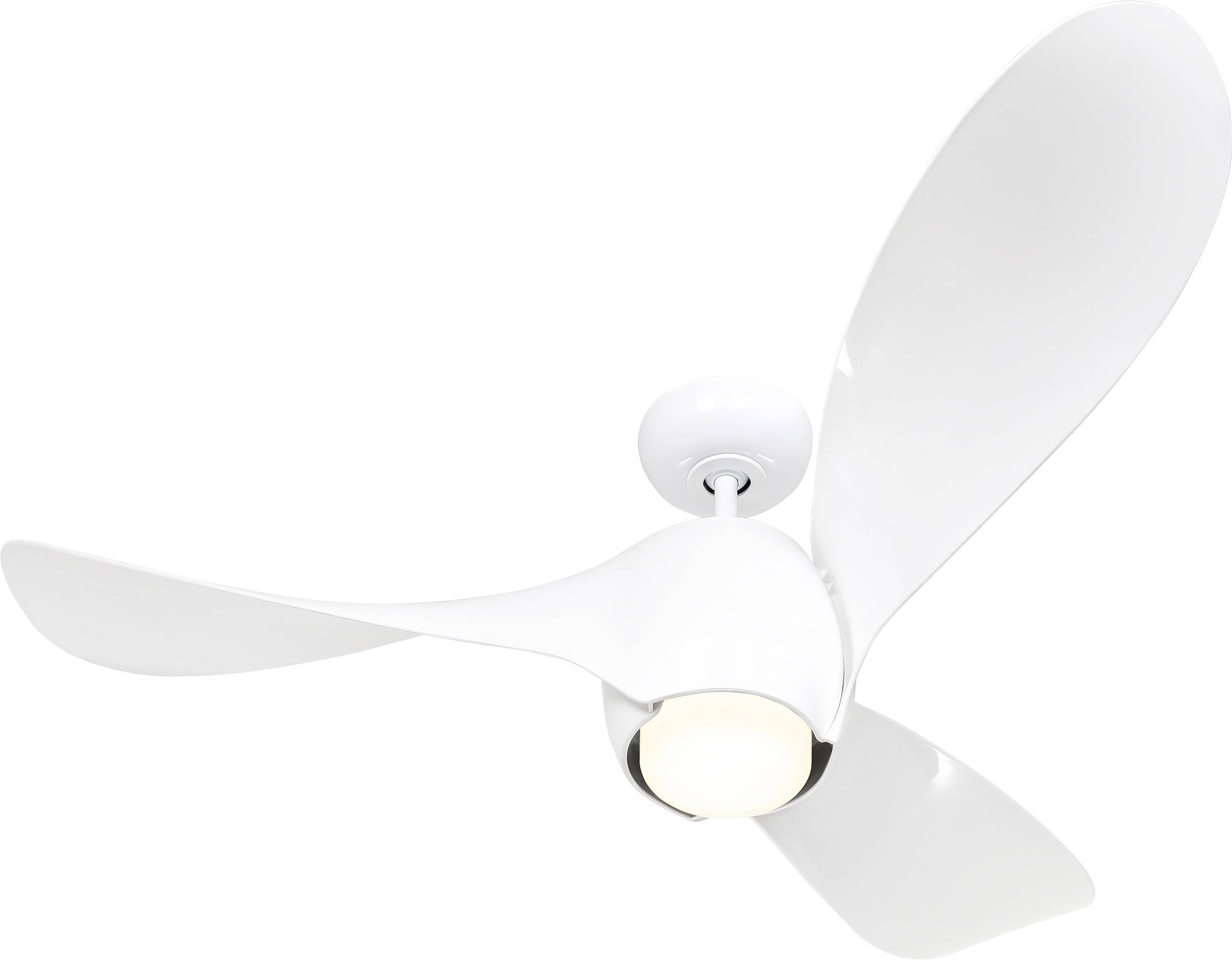 Ein moderner weißer Deckenventilator mit drei gebogenen Flügeln und einer integrierten Beleuchtung in der Mitte.
