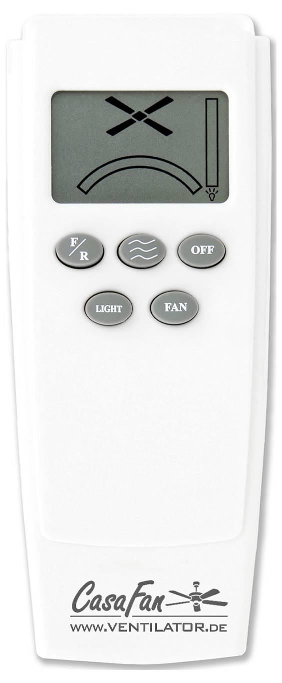 Fernbedienung für einen Ventilator mit Tasten für Vorwärts/Rückwärts, Licht, Ventilatorgeschwindigkeit und Ein/Aus. Zeigt ein Display mit Symbolen und Markenzeichen.