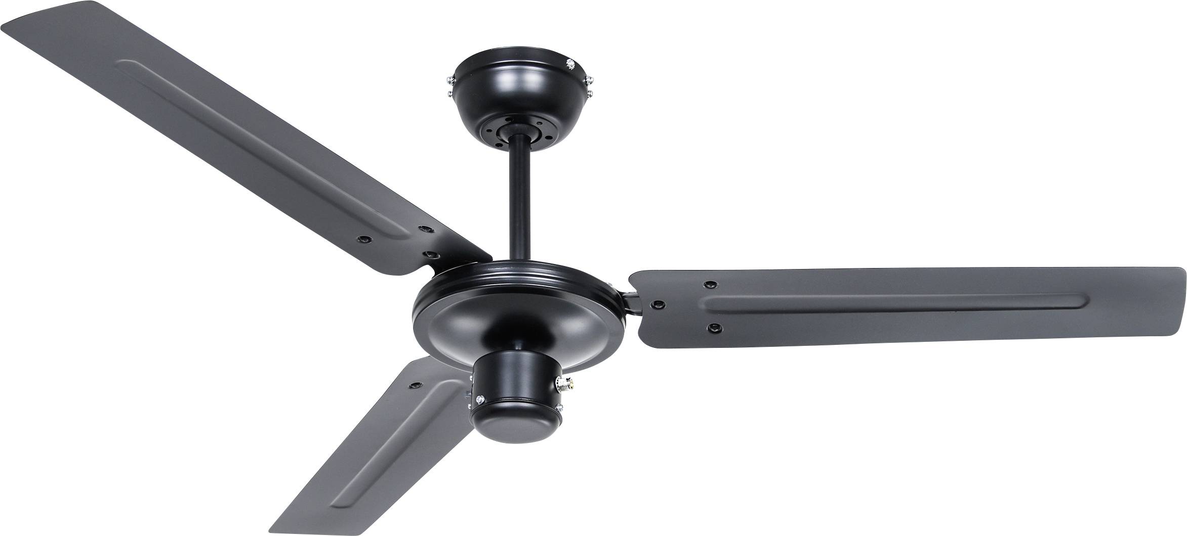 Ein schwarzer Deckenventilator mit drei Flügeln ist an einer kurzen Stange montiert. Der Ventilator ist für moderne Innenräume konzipiert und sorgt für eine effiziente Luftzirkulation.