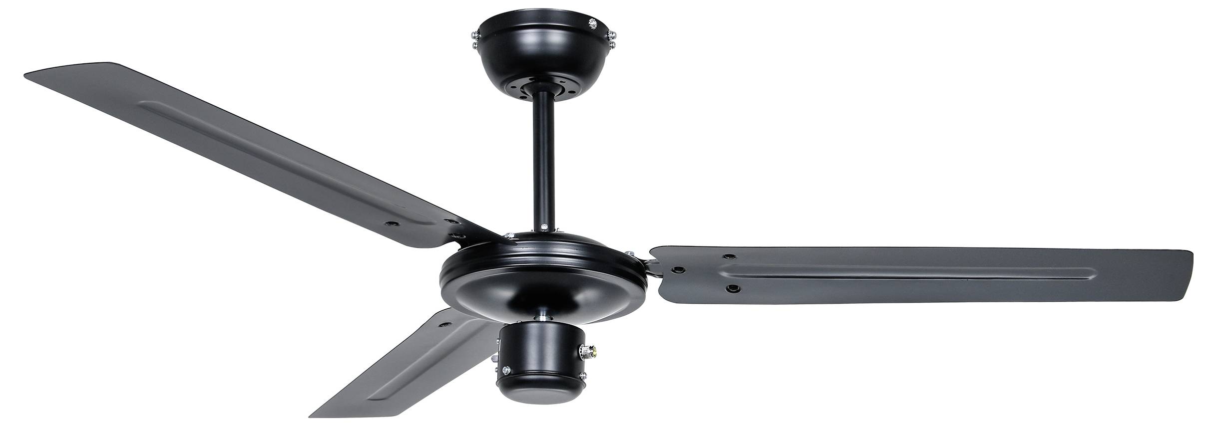 Schwarzer Deckenventilator mit drei Flügeln, montiert an einer kurzen Stange und kreisförmigen Basis.