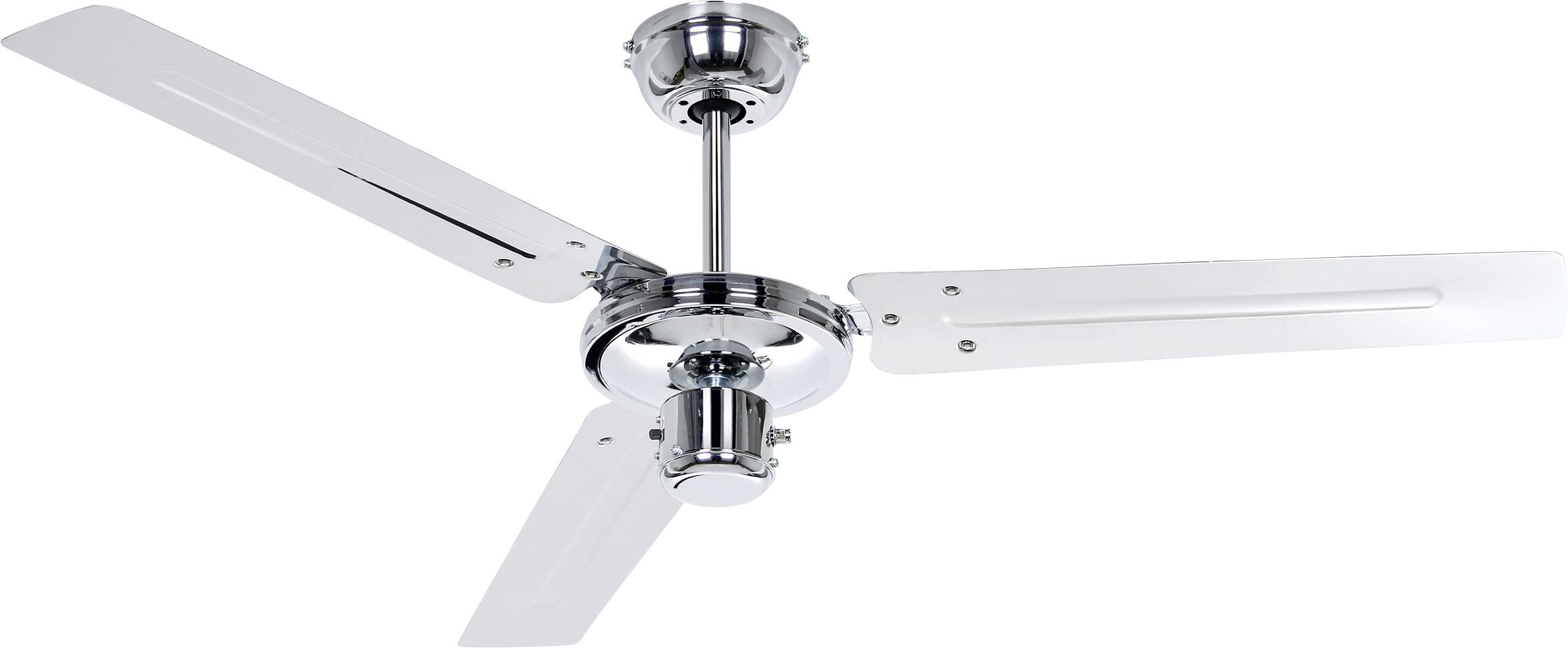 Deckenventilator mit drei Metallflügeln und Chromoberfläche, an einer Stange montiert.
