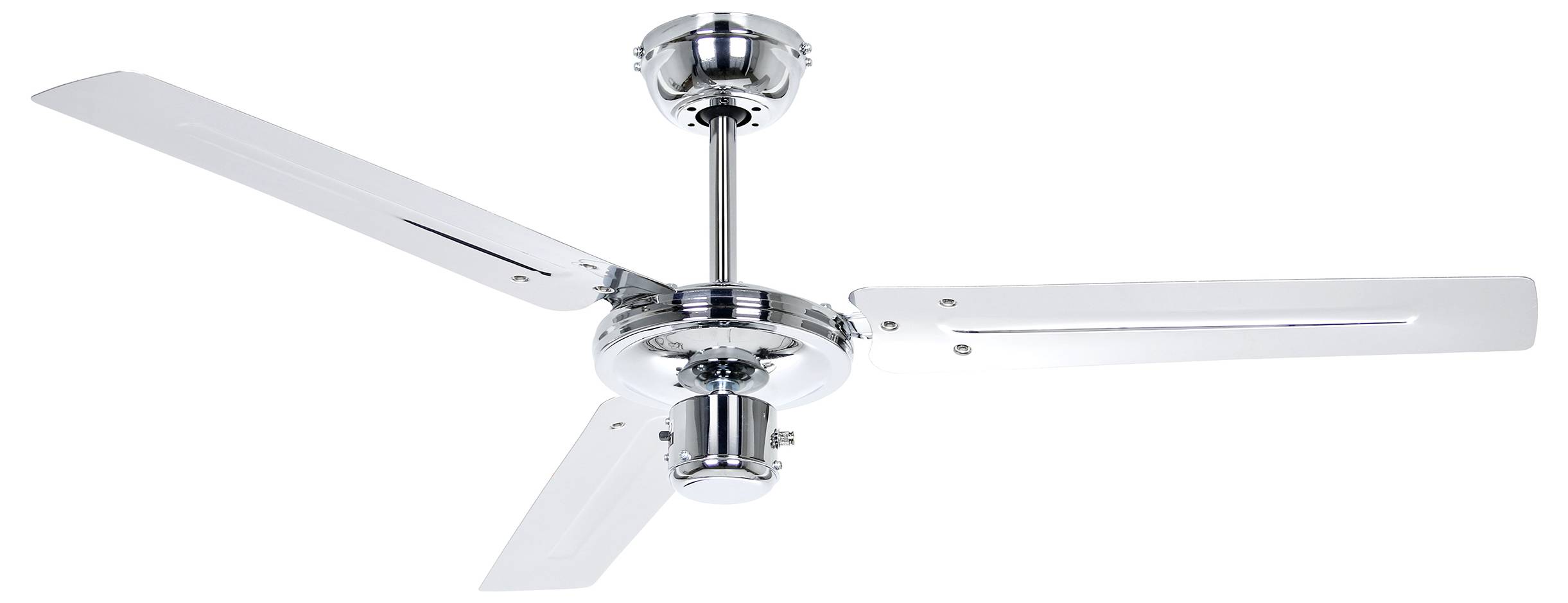 Ein silberner Deckenventilator mit drei horizontal positionierten Flügeln, von unten betrachtet.