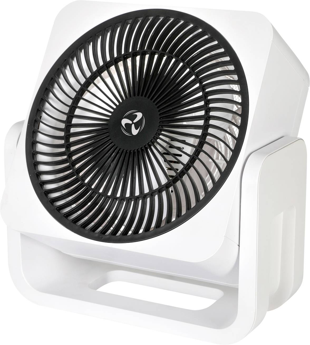 Ein weiß-schwarzer Tischventilator mit rundem Schutzgitter und verstellbarem Standfuß, entwickelt für die persönliche Kühlung.