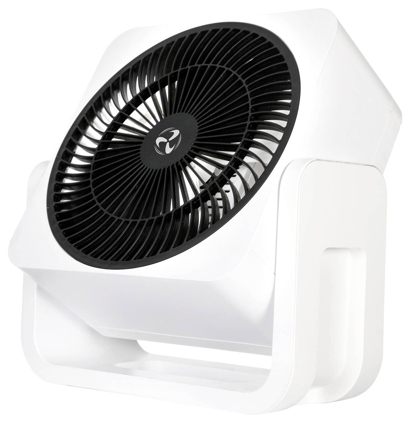 Ein weißer, moderner Tischventilator mit schwarzem kreisförmigen Gitter und verstellbarem neigbarem Sockel, entwickelt für effiziente Luftzirkulation in kleinen Räumen.