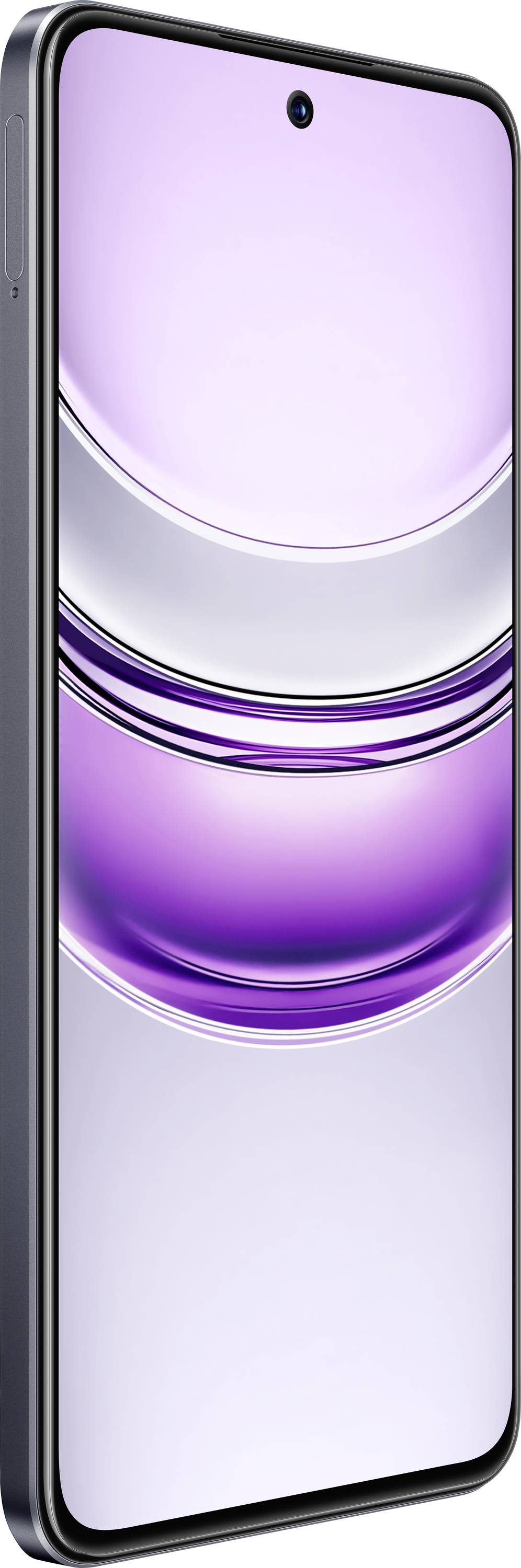 Smartphone, der von der Seite aus gesehen ein abstraktes Design in Lila und Silber auf dem Bildschirm zeigt.