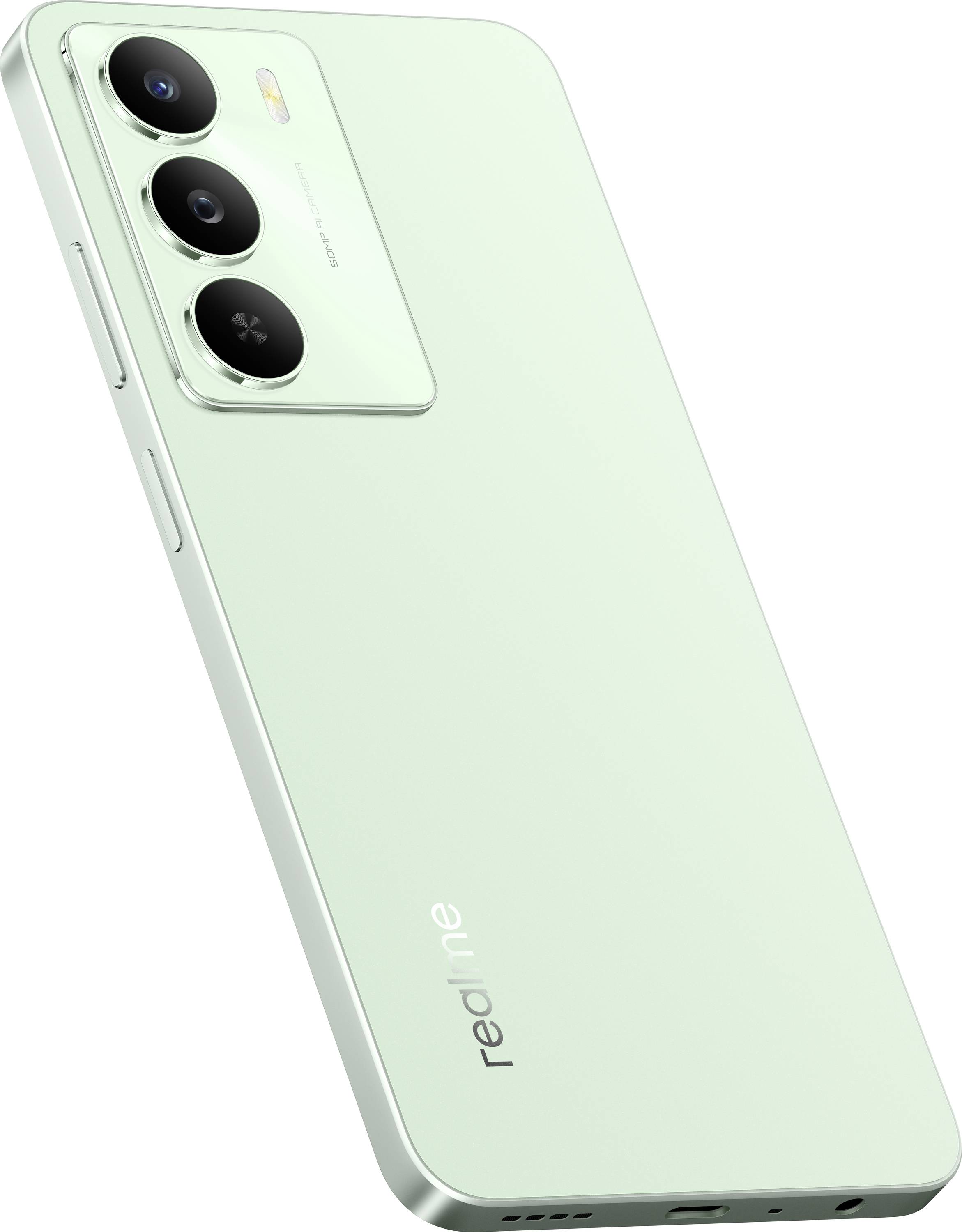 Ein Smartphone mit mintgrüner Rückseite, das eine dreifache Kameraanordnung und das 'realme' Logo zeigt. Das Telefon ist in einem Winkel positioniert, um sein schlankes Profil zu präsentieren.